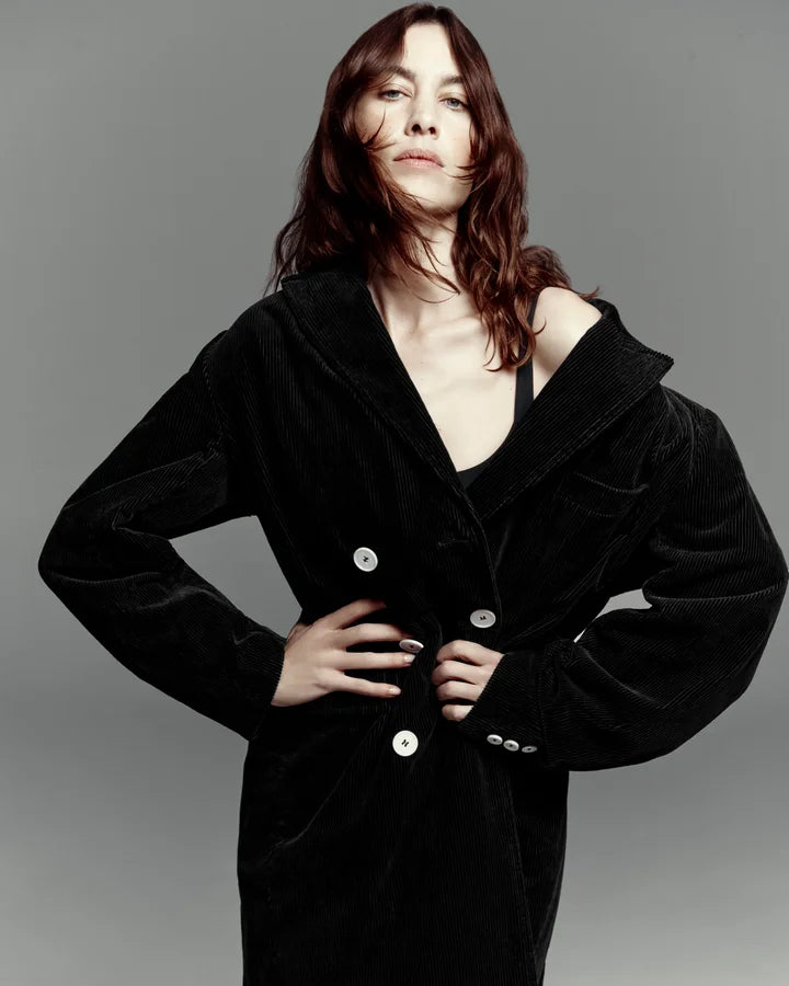 Alexa Chung x Madewell long black corduroy double breasted coat