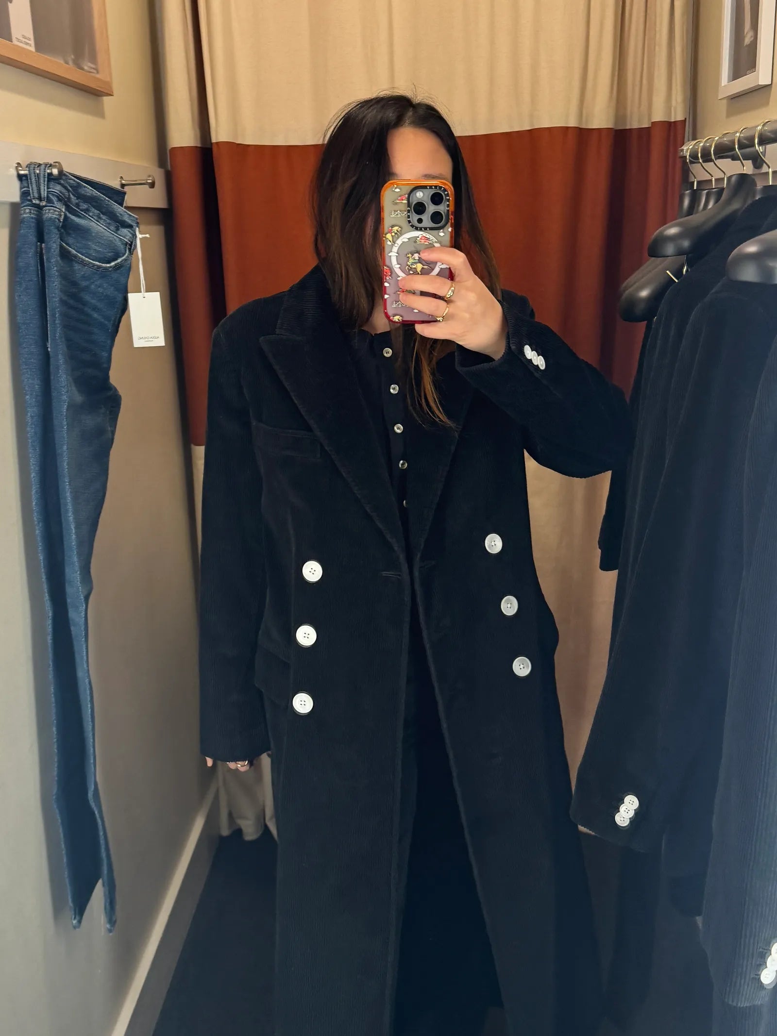 Alexa Chung x Madewell long black corduroy double breasted coat