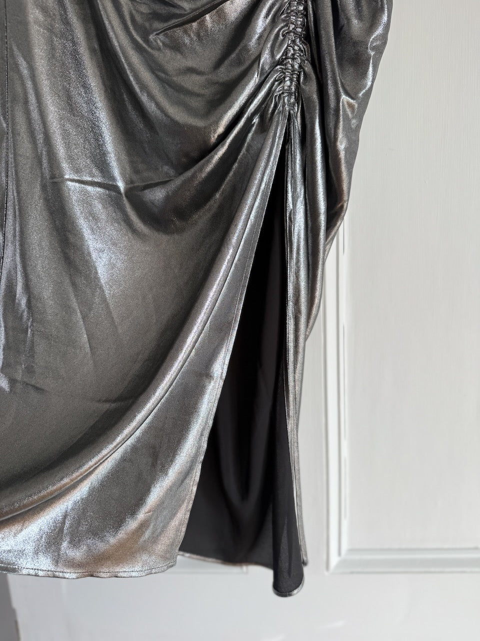 All Saints 'Carla' ruched silver midi skirt Palace of Nowhere