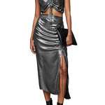 All Saints 'Carla' ruched silver midi skirt Palace of Nowhere