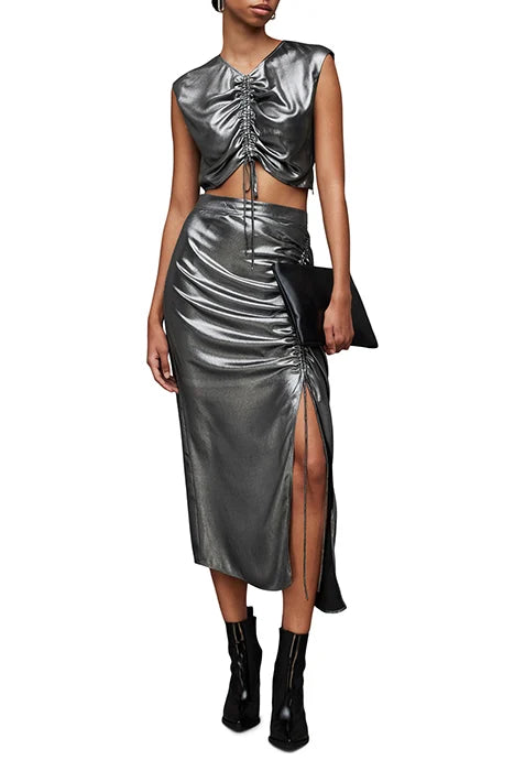 All Saints 'Carla' ruched silver midi skirt Palace of Nowhere