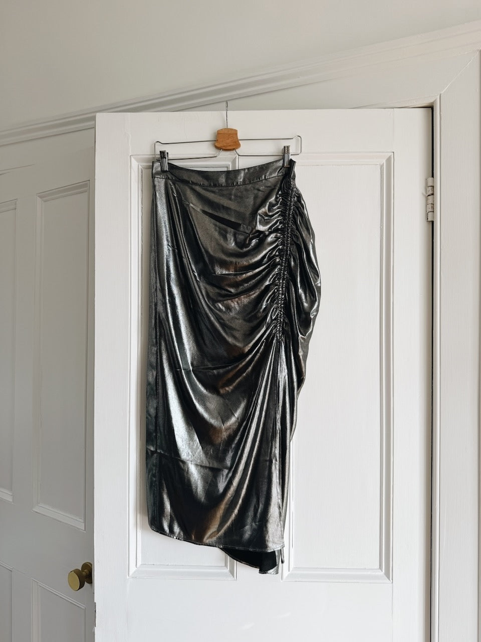 All Saints 'Carla' ruched silver midi skirt Palace of Nowhere