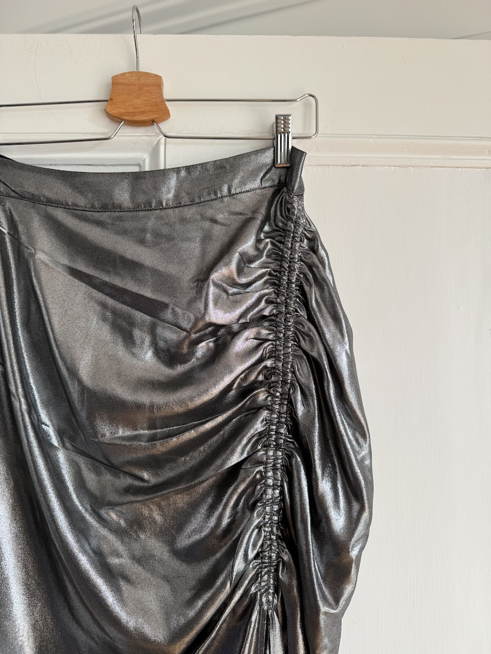 All Saints 'Carla' ruched silver midi skirt Palace of Nowhere