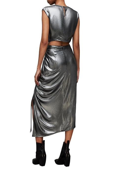 All Saints 'Carla' ruched silver midi skirt Palace of Nowhere