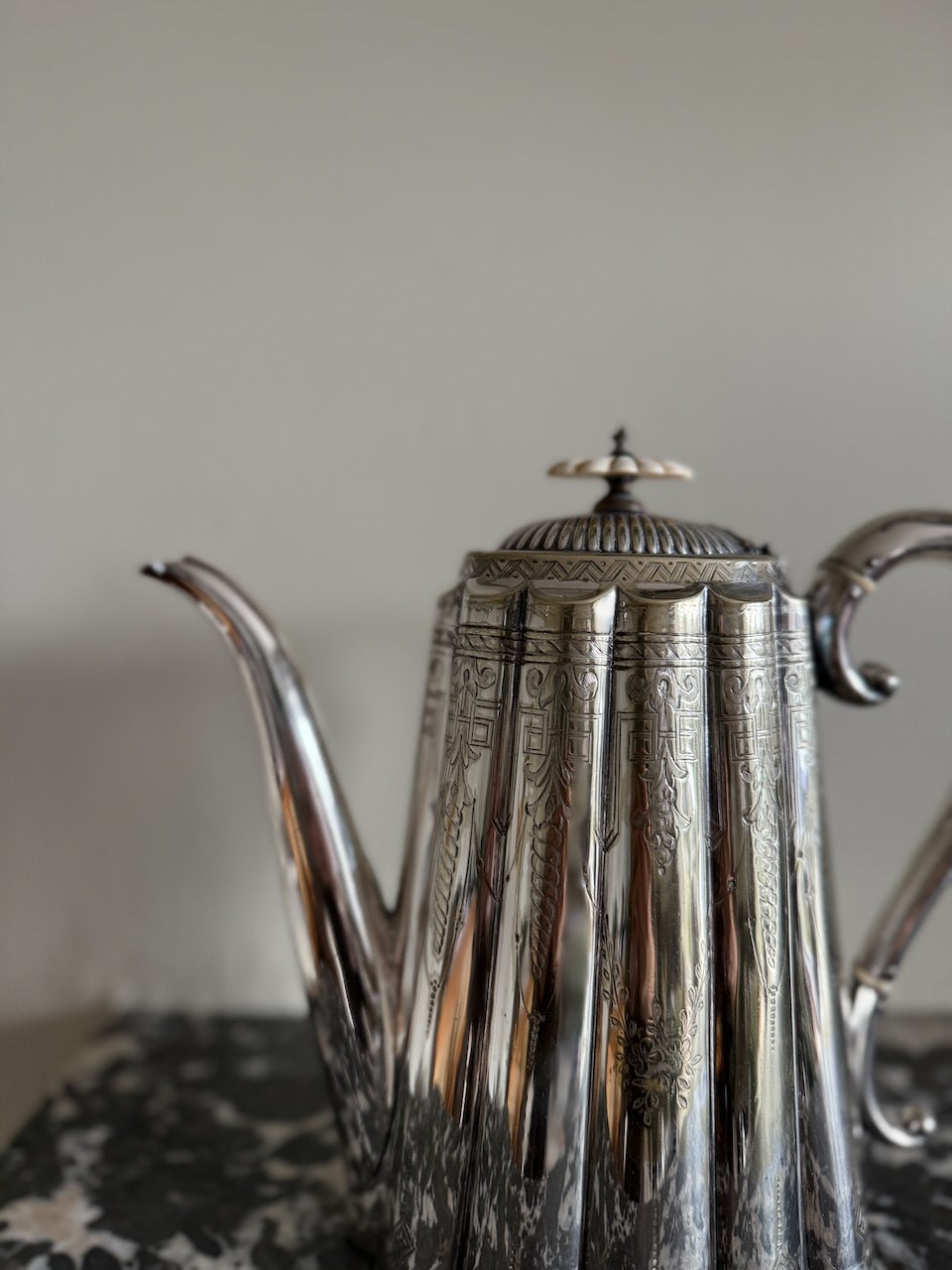 Antique 19th century silver plated scalloped coffee pot Palace of Nowhere