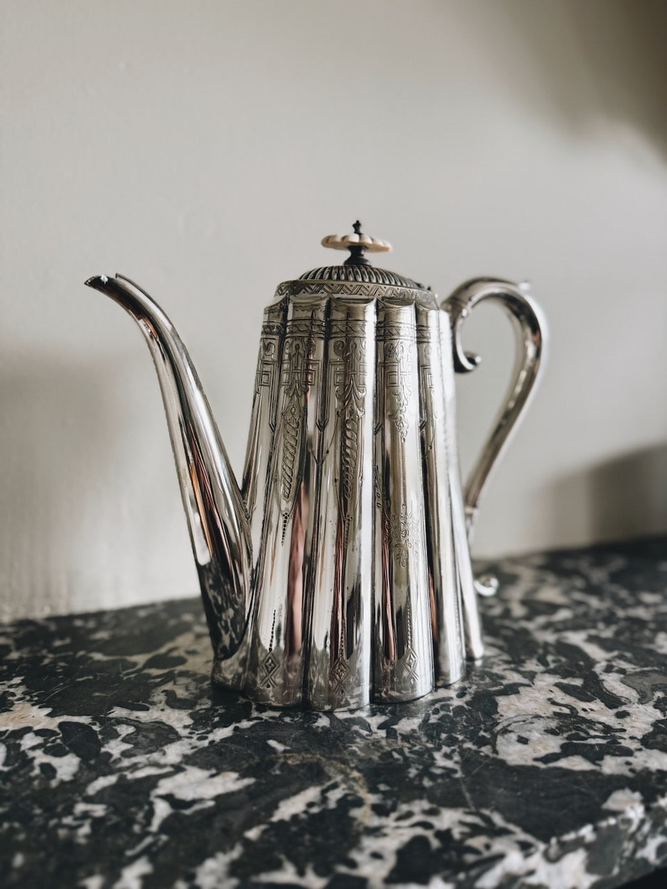 Antique 19th century silver plated scalloped coffee pot Palace of Nowhere