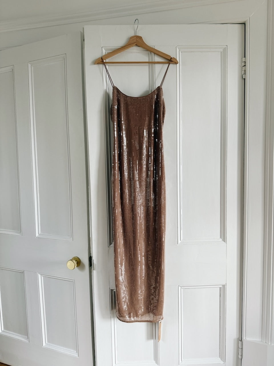 Camille Rowe x Reformation Bevelyn rose gold sequin dress Palace of Nowhere