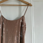 Camille Rowe x Reformation Bevelyn rose gold sequin dress Palace of Nowhere