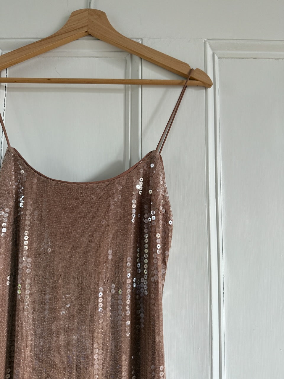 Camille Rowe x Reformation Bevelyn rose gold sequin dress Palace of Nowhere