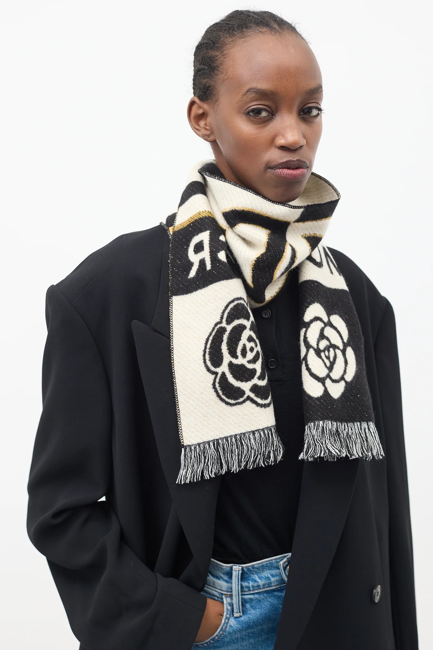 Chanel cashmere blend fringed MCR Camellia scarf at Palace of Nowhere