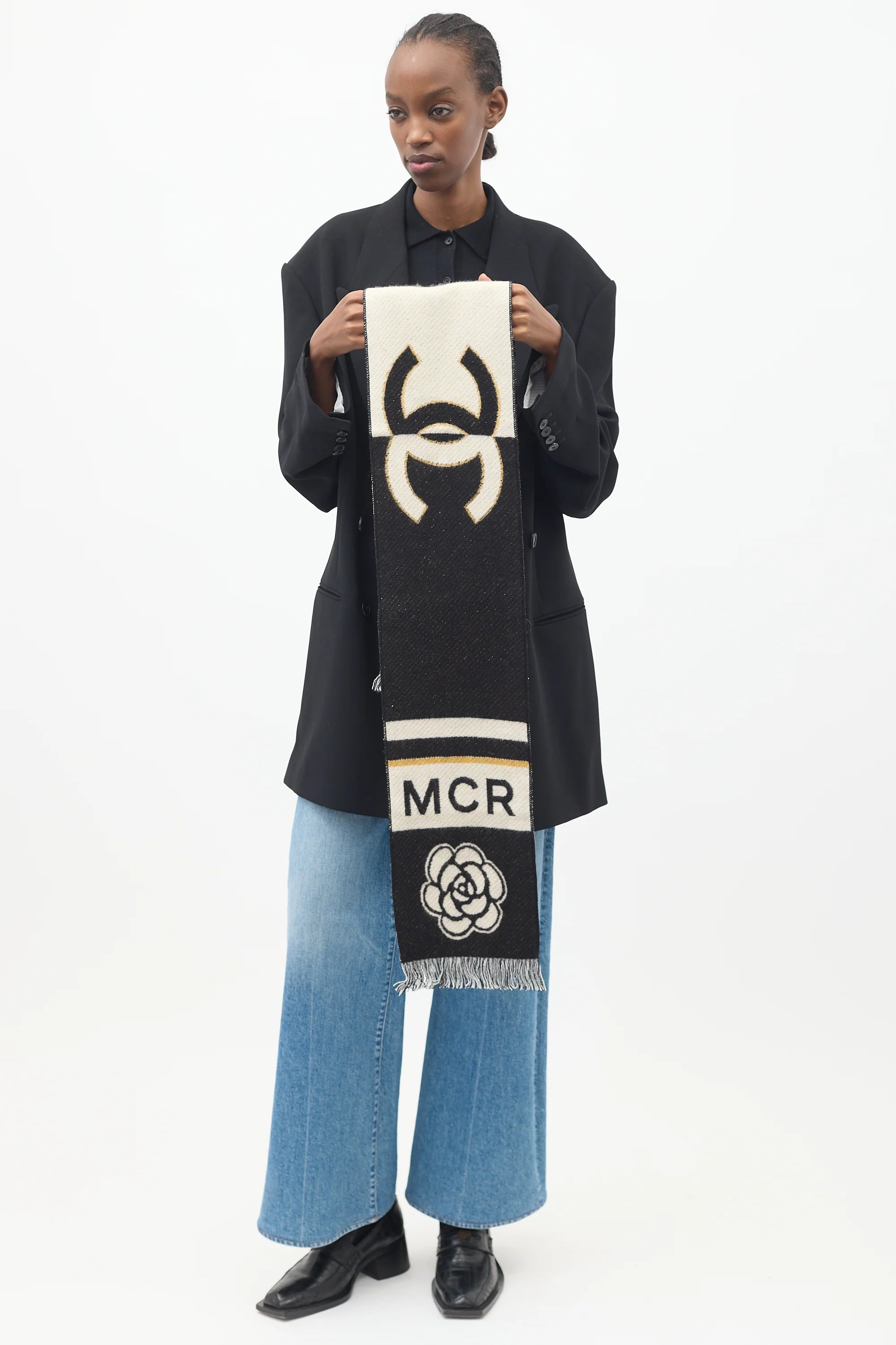 Chanel cashmere blend fringed MCR Camellia scarf at Palace of Nowhere
