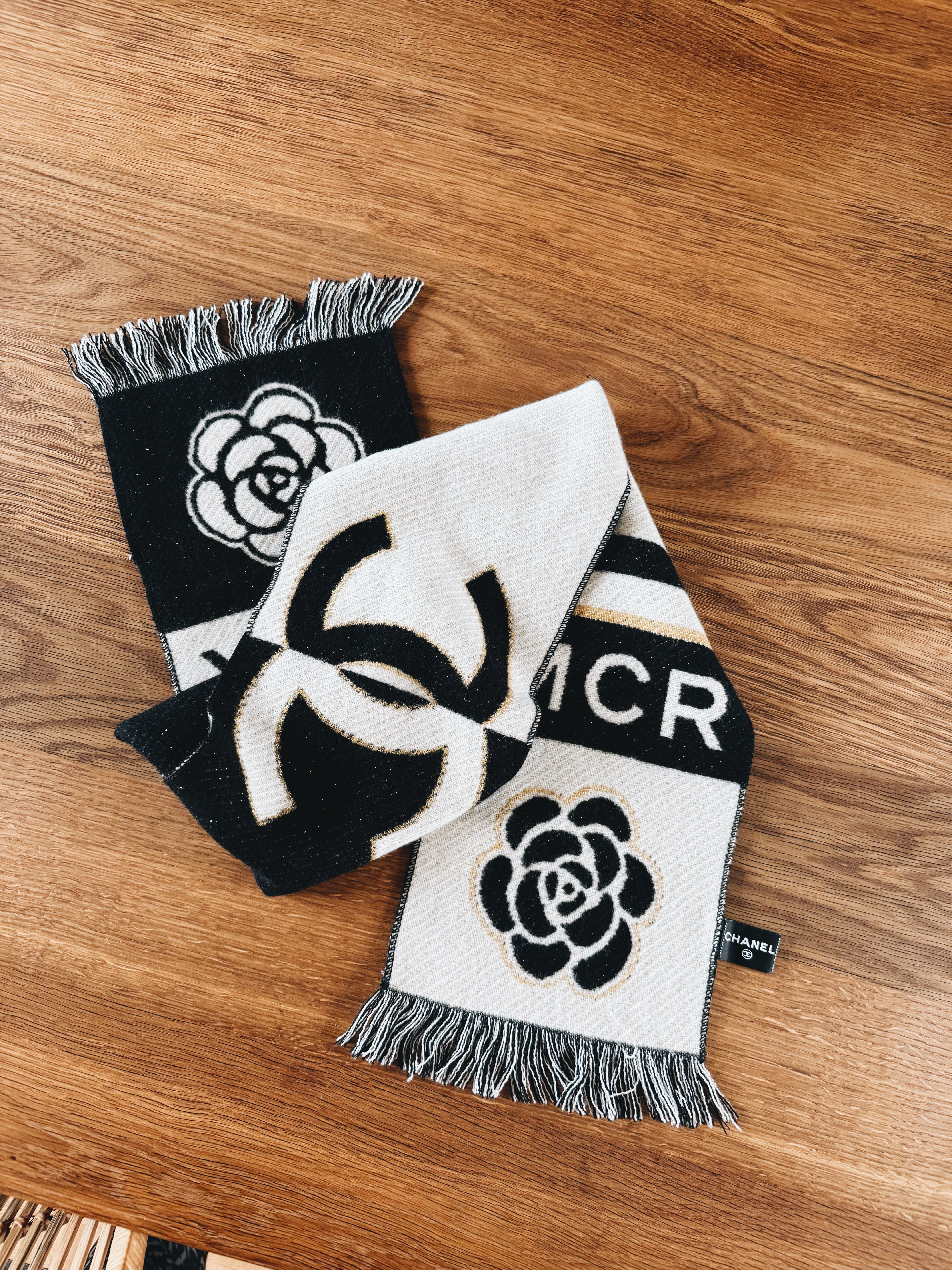 Chanel cashmere blend fringed MCR Camellia scarf at Palace of Nowhere