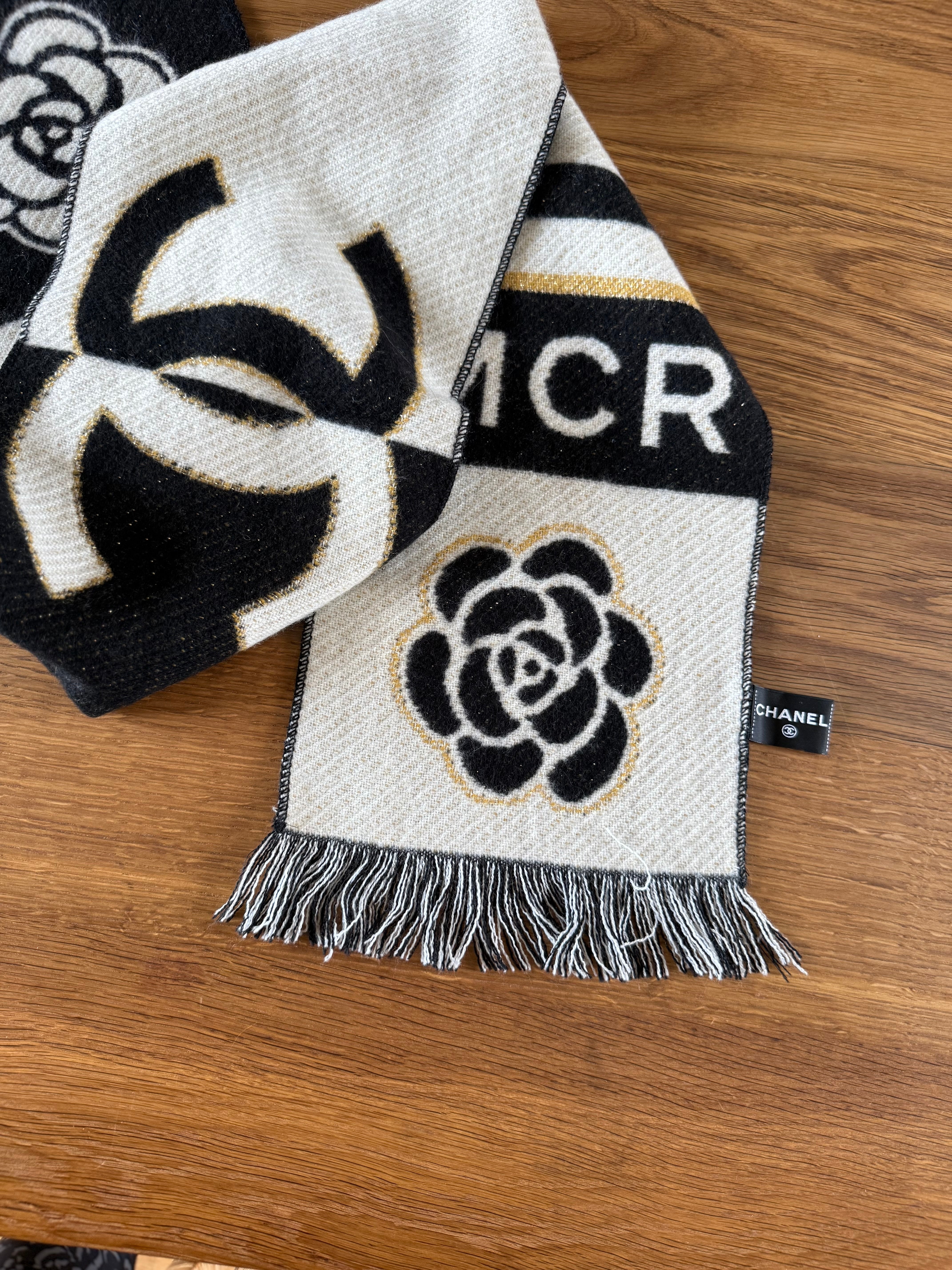 Chanel cashmere blend fringed MCR Camellia scarf at Palace of Nowhere
