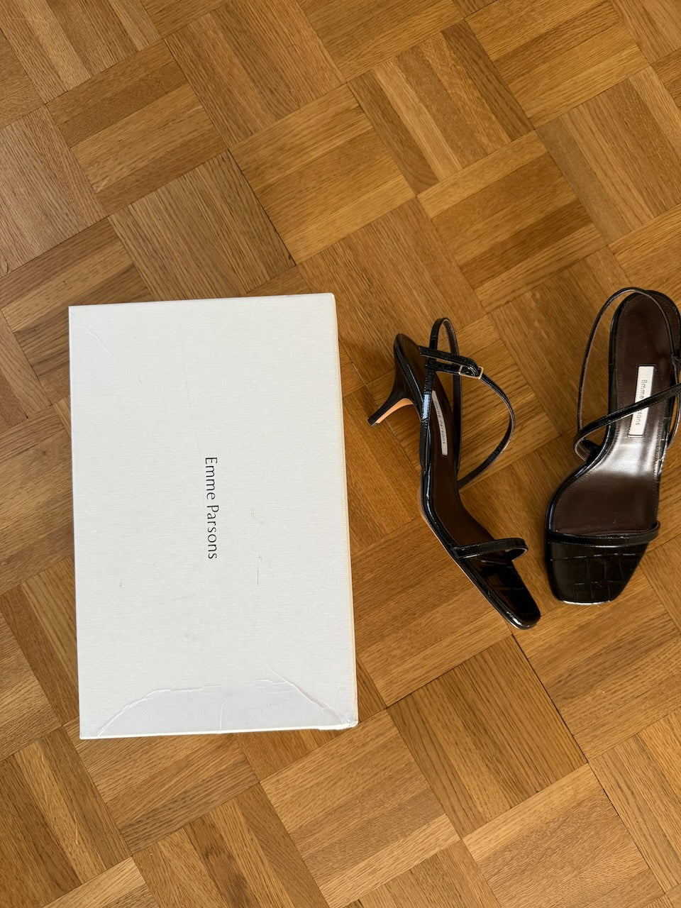 Emme Parsons 'Hugo' black embossed leather low heel sandals Palace of Nowhere