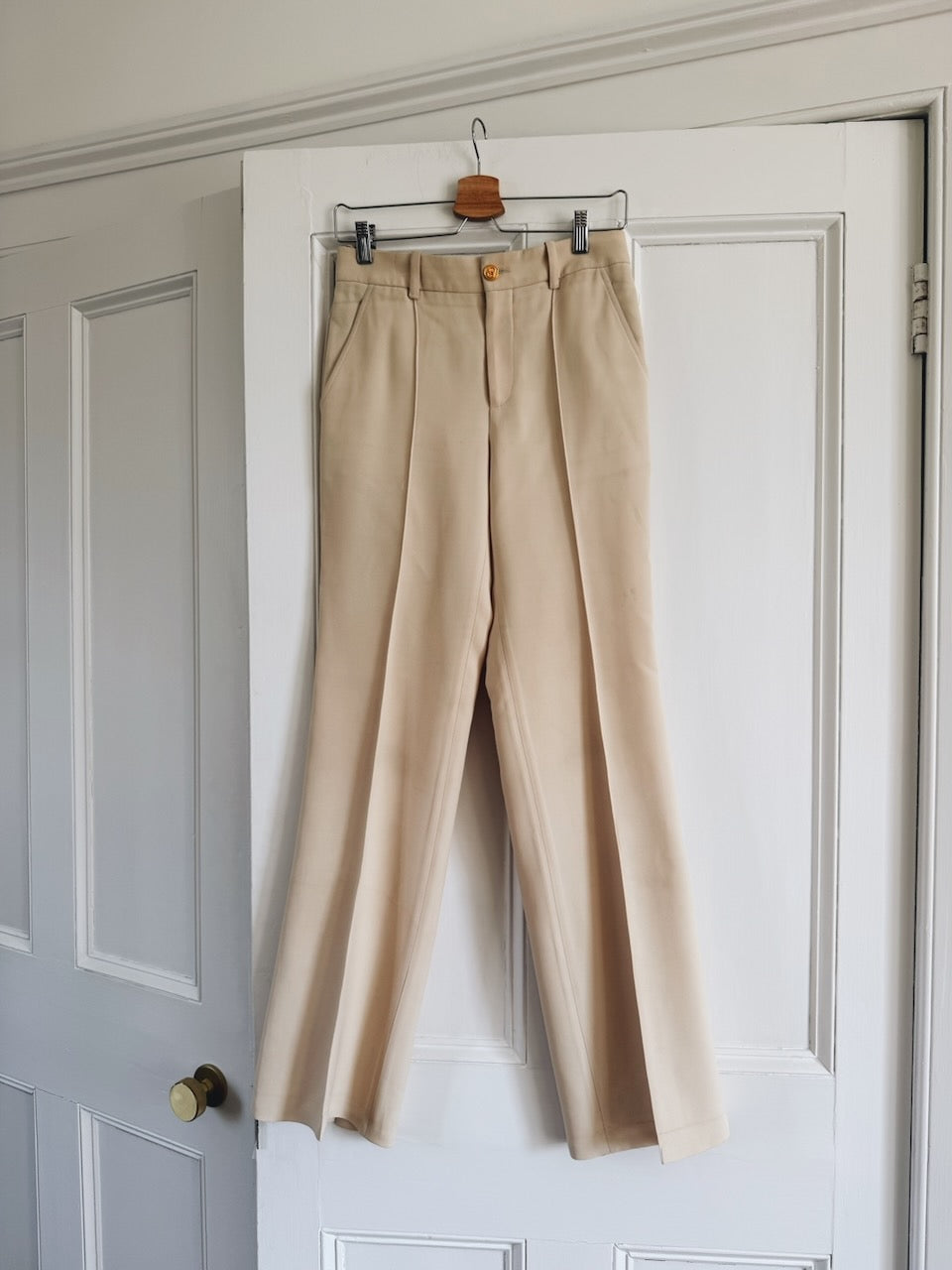 Gucci beige silk wool blend high-waisted flare trousers UK6