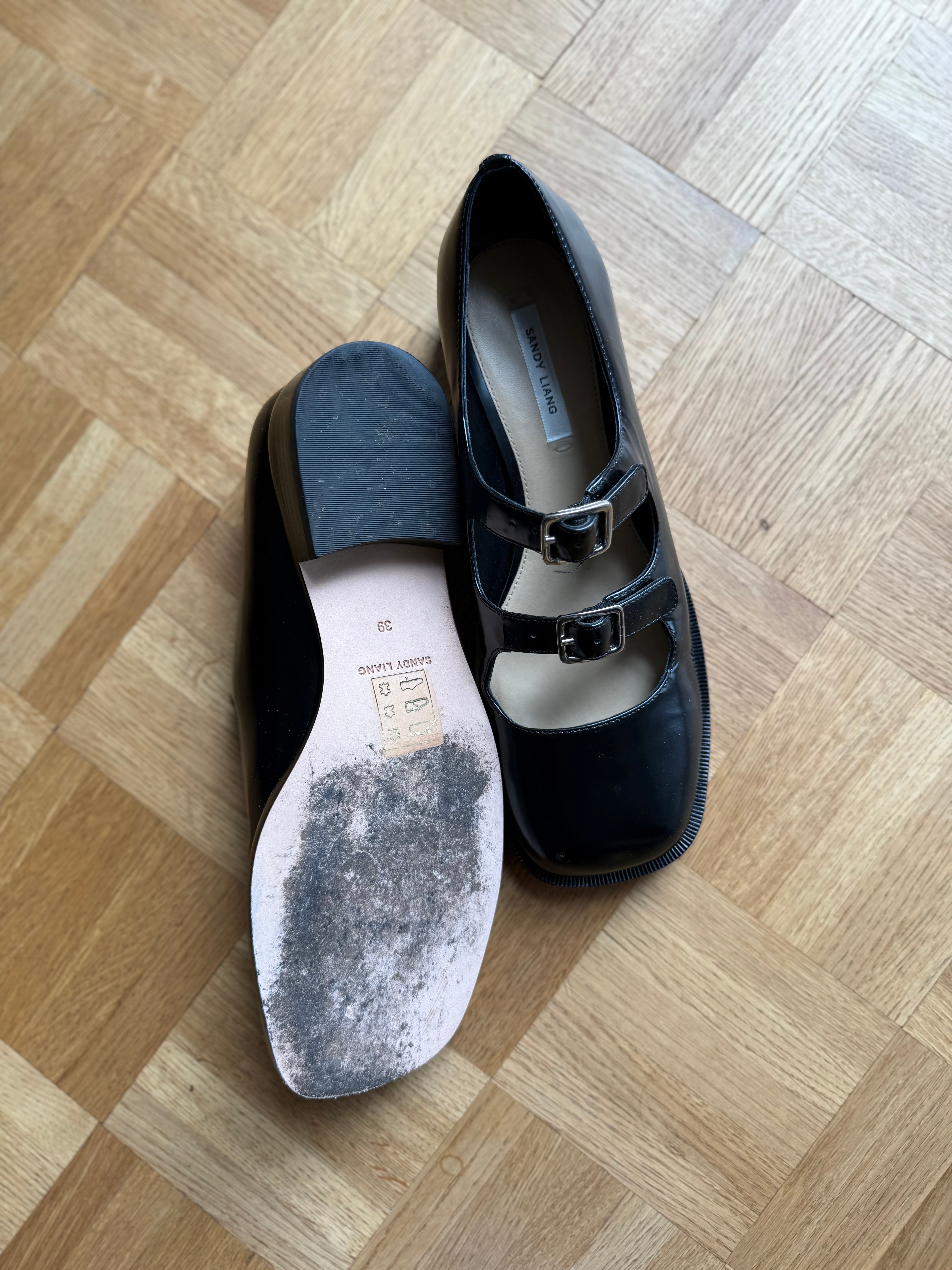 Sandy Liang Spazzolato black leather double strap flats