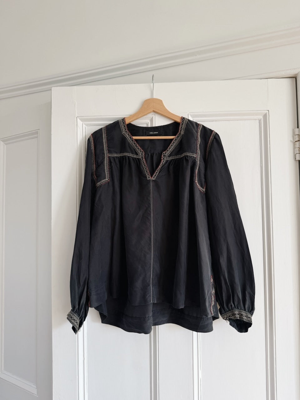 Isabel Marant overstitched washed black silk top at Palace of Nowhere