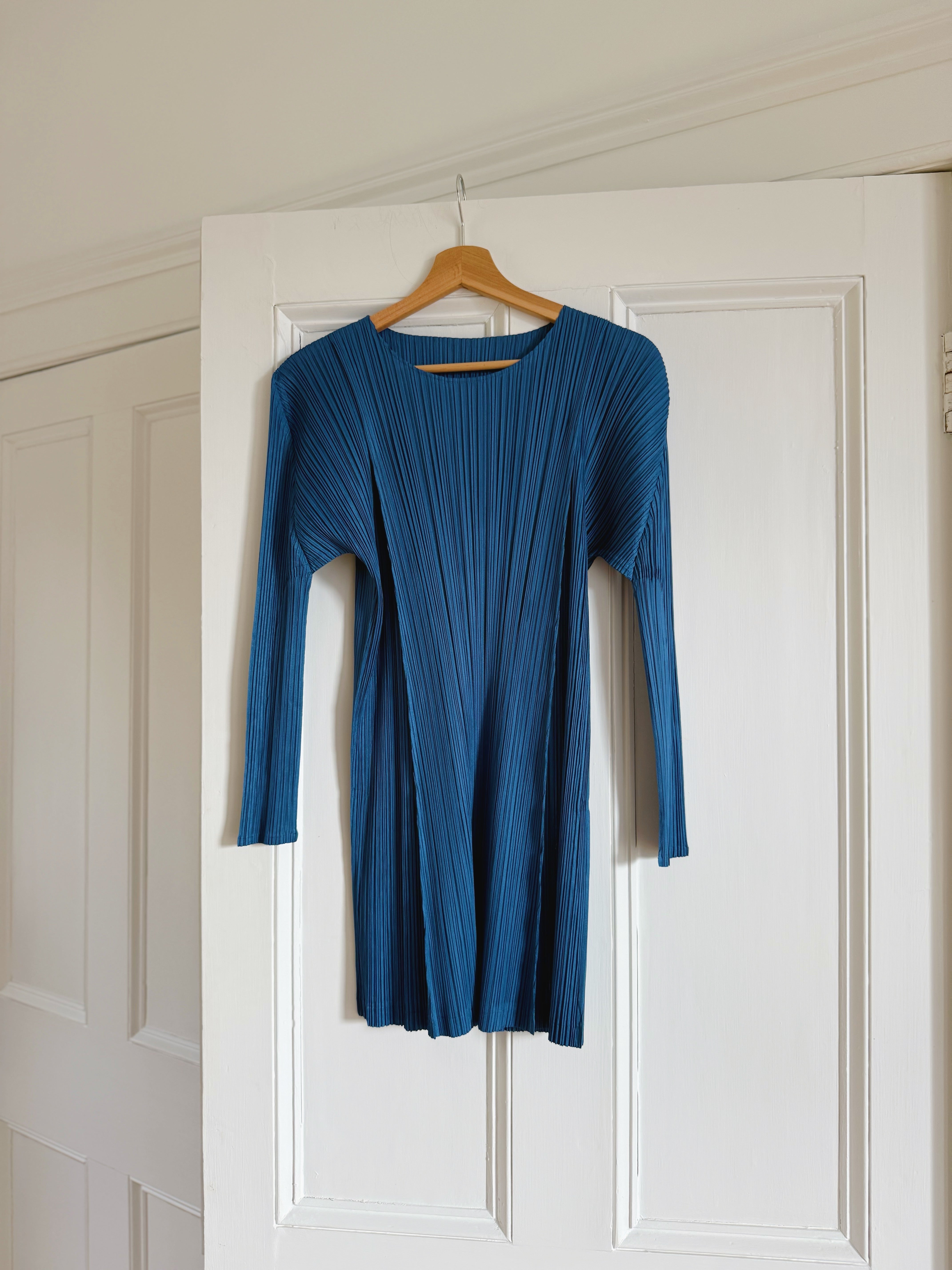 Issey Miyake Pleats Please light blue tunic top mini dress at Palace of Nowhere