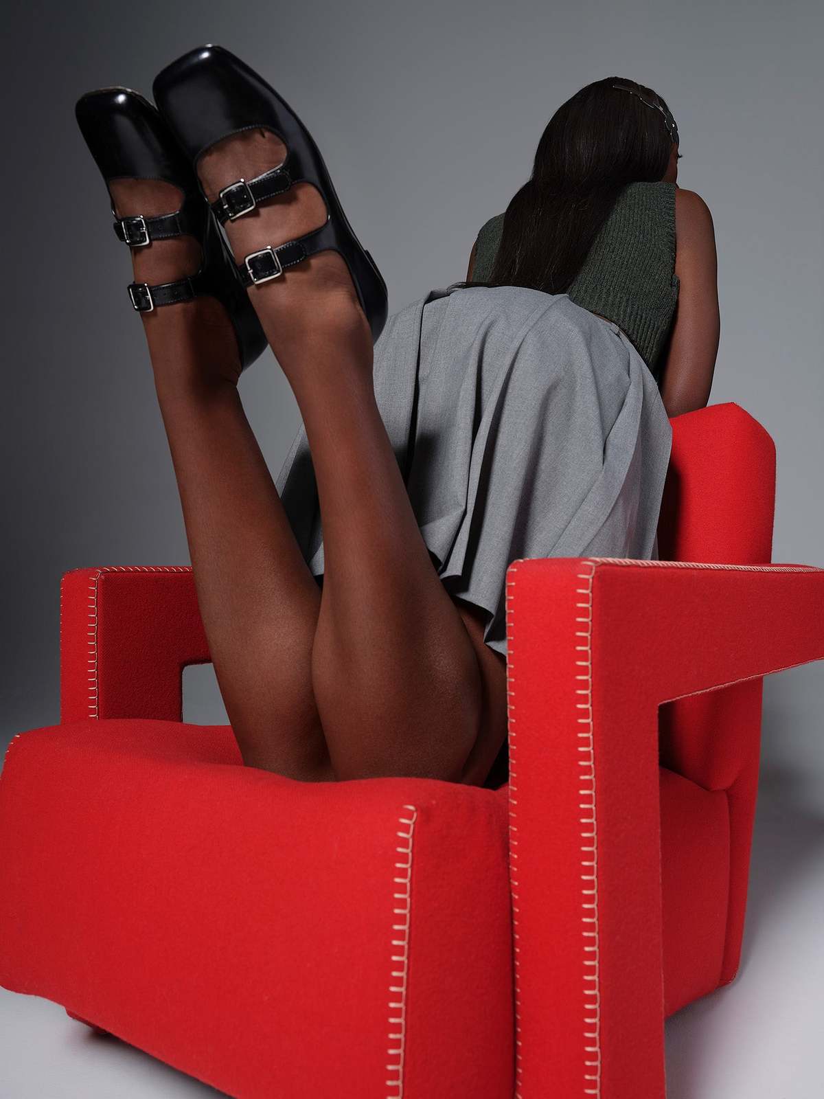 Sandy Liang Spazzolato black leather double strap flats