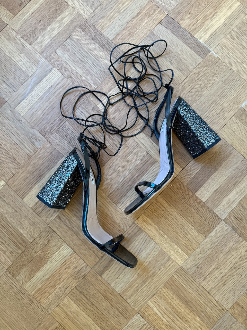 Miu Miu 'Venice Glitter' block heel ankle tie heels Palace of Nowhere