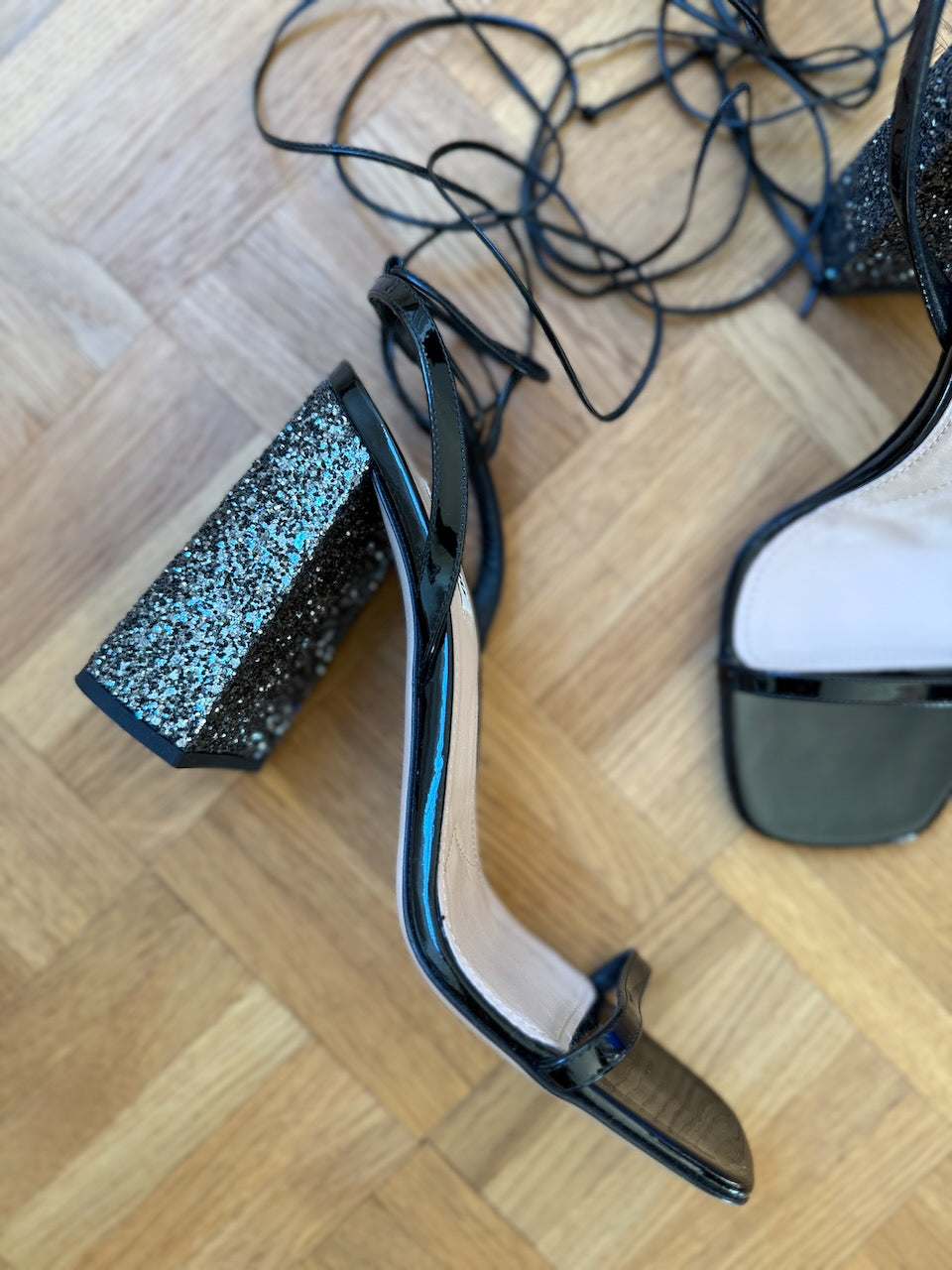 Miu Miu 'Venice Glitter' block heel ankle tie heels Palace of Nowhere