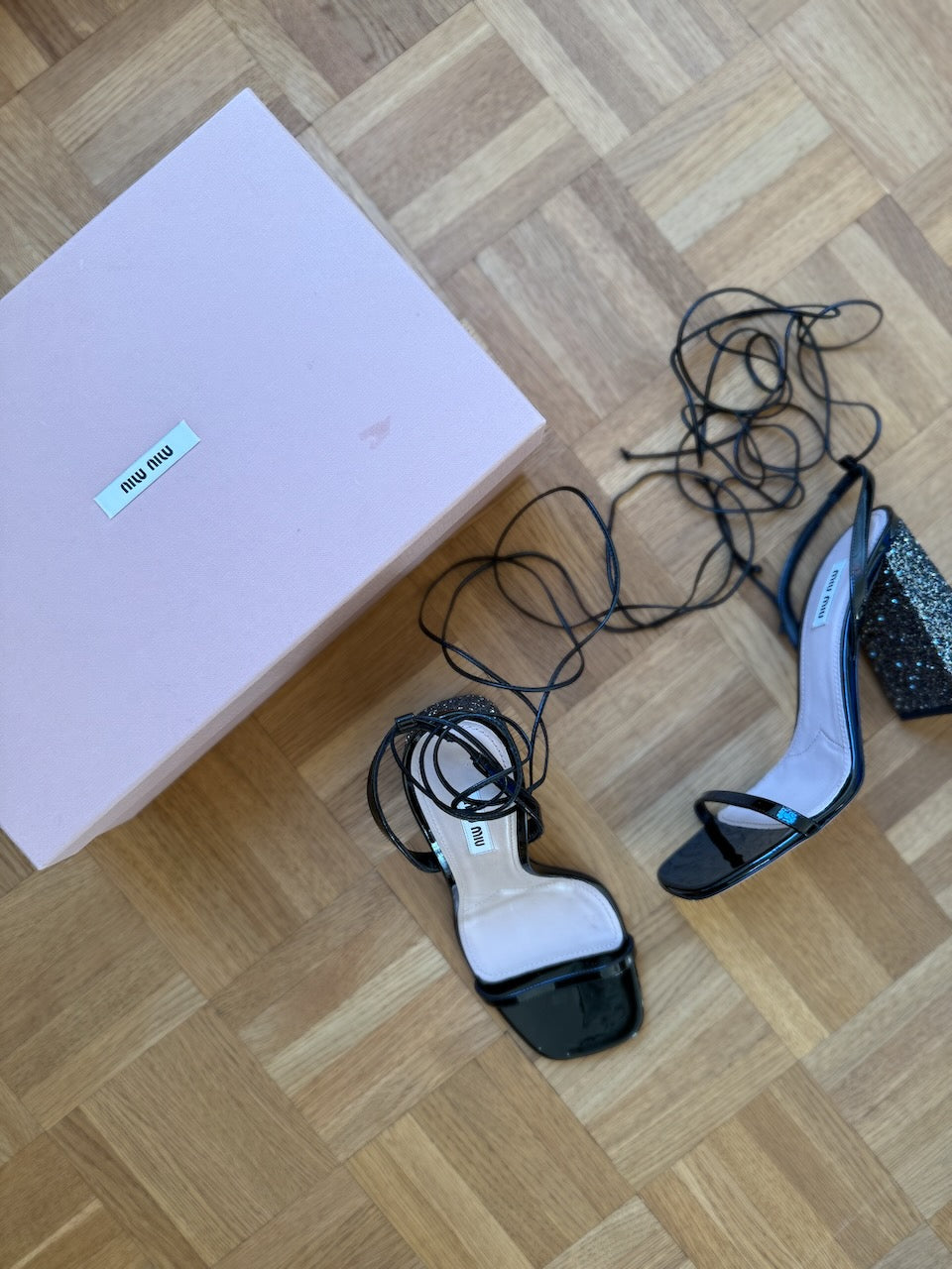 Miu Miu 'Venice Glitter' block heel ankle tie heels Palace of Nowhere