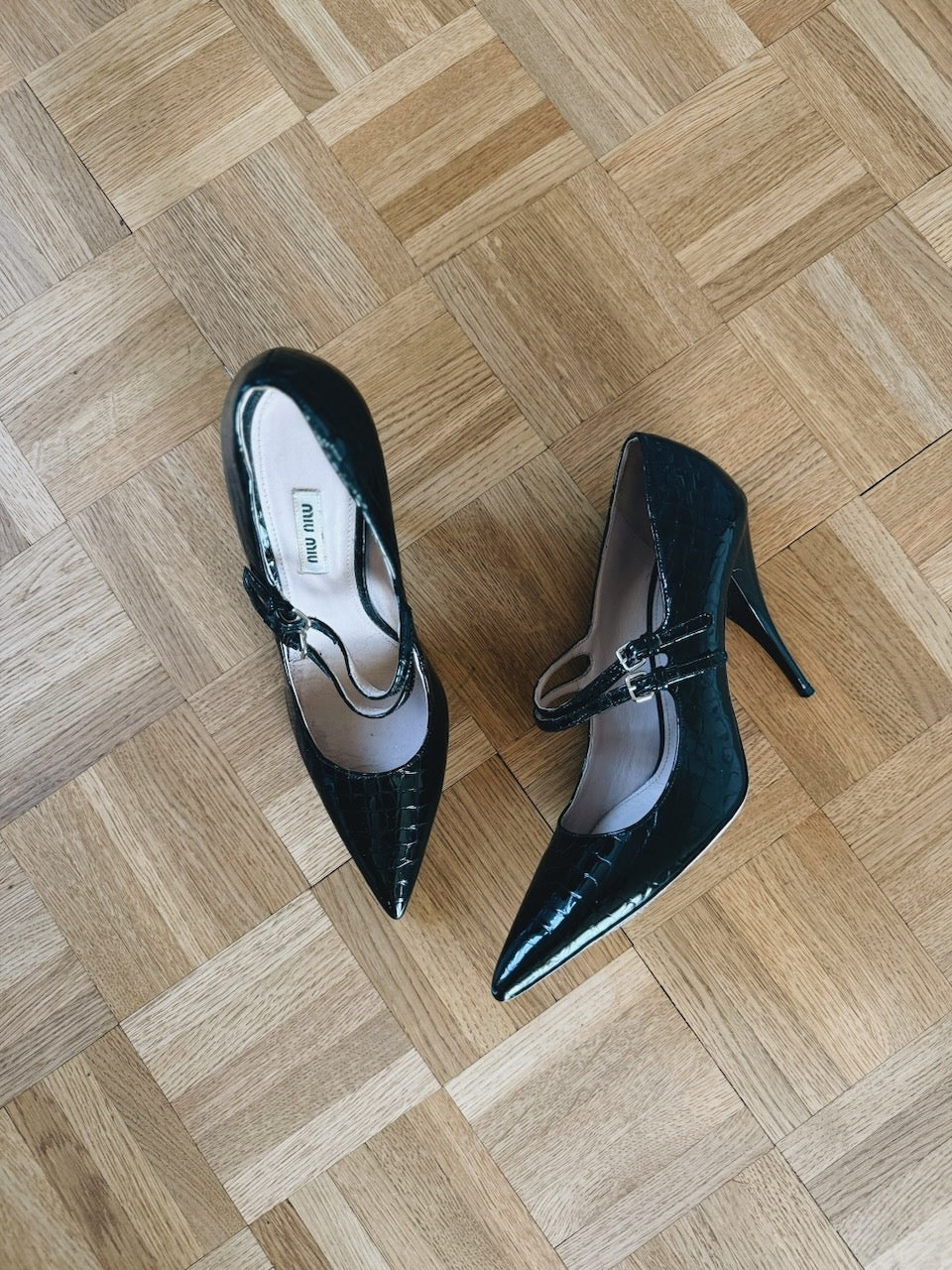 Miu Miu black embossed patent leather heels Palace of Nowhere