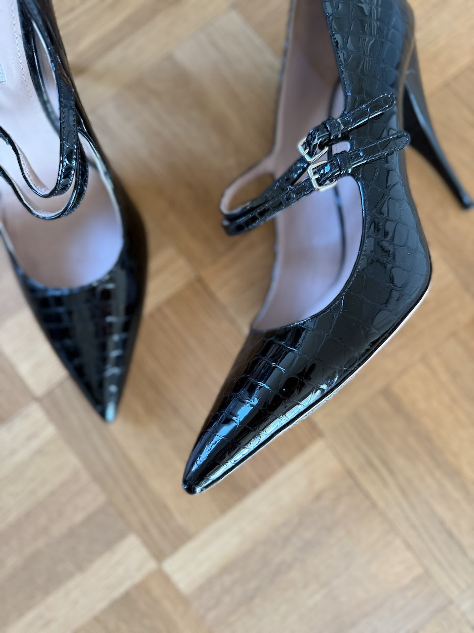 Miu Miu black embossed patent leather heels Palace of Nowhere