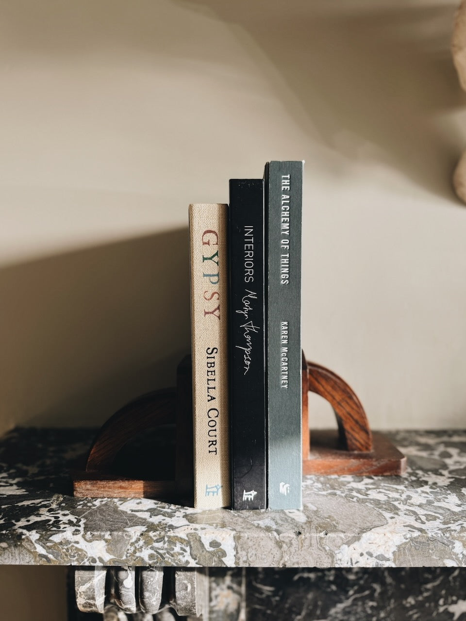 Pair of vintage art deco stained oak bookends Palace of Nowhere