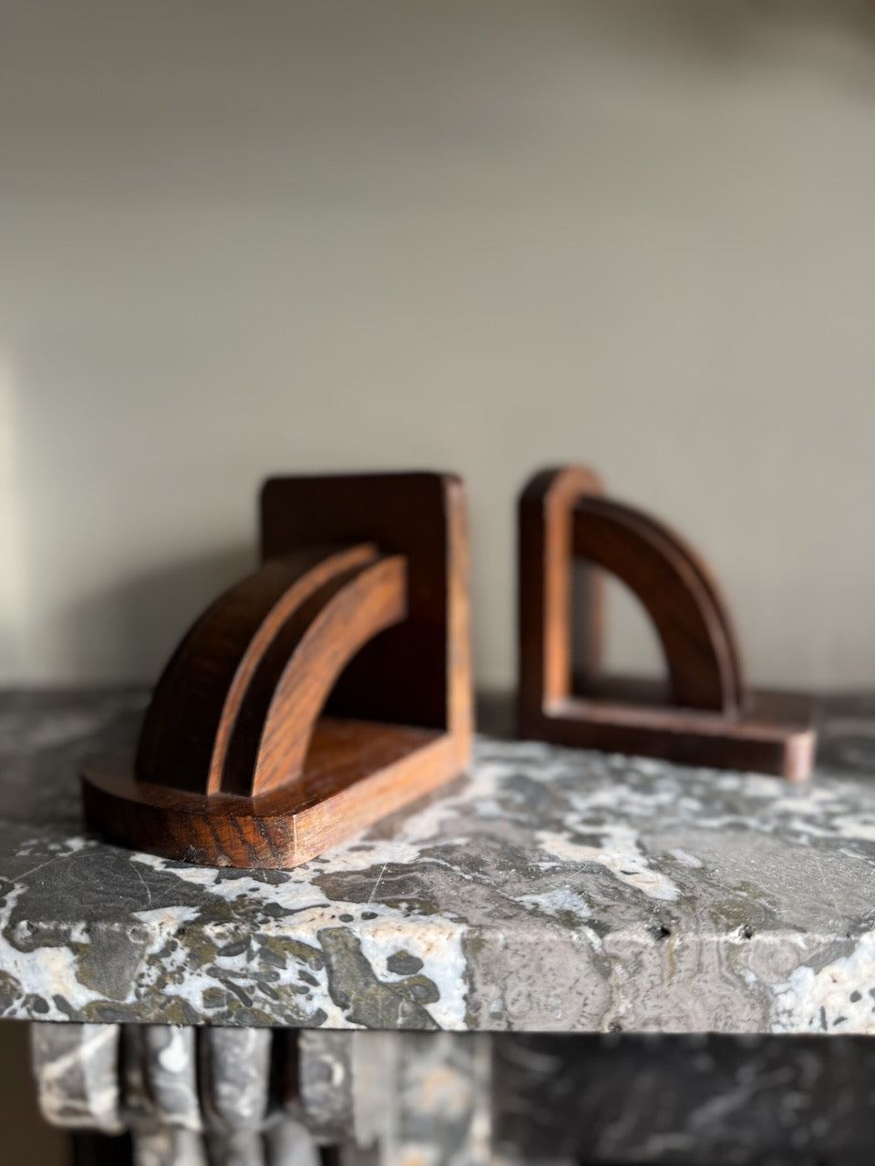 Pair of vintage art deco stained oak bookends Palace of Nowhere