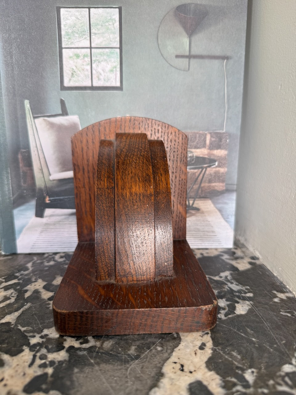 Pair of vintage art deco stained oak bookends Palace of Nowhere