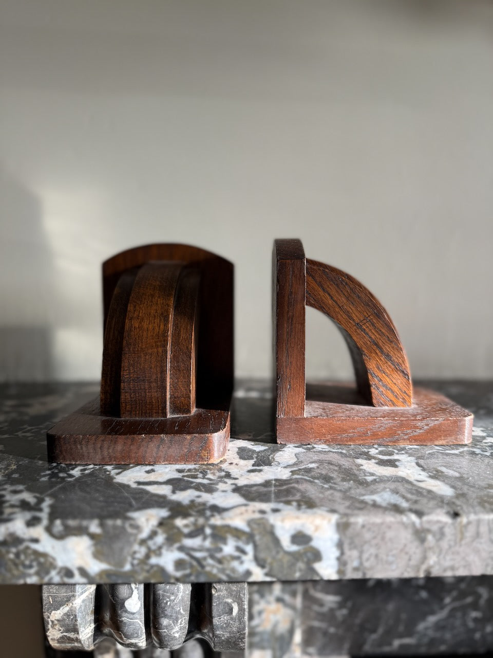 Pair of vintage art deco stained oak bookends Palace of Nowhere