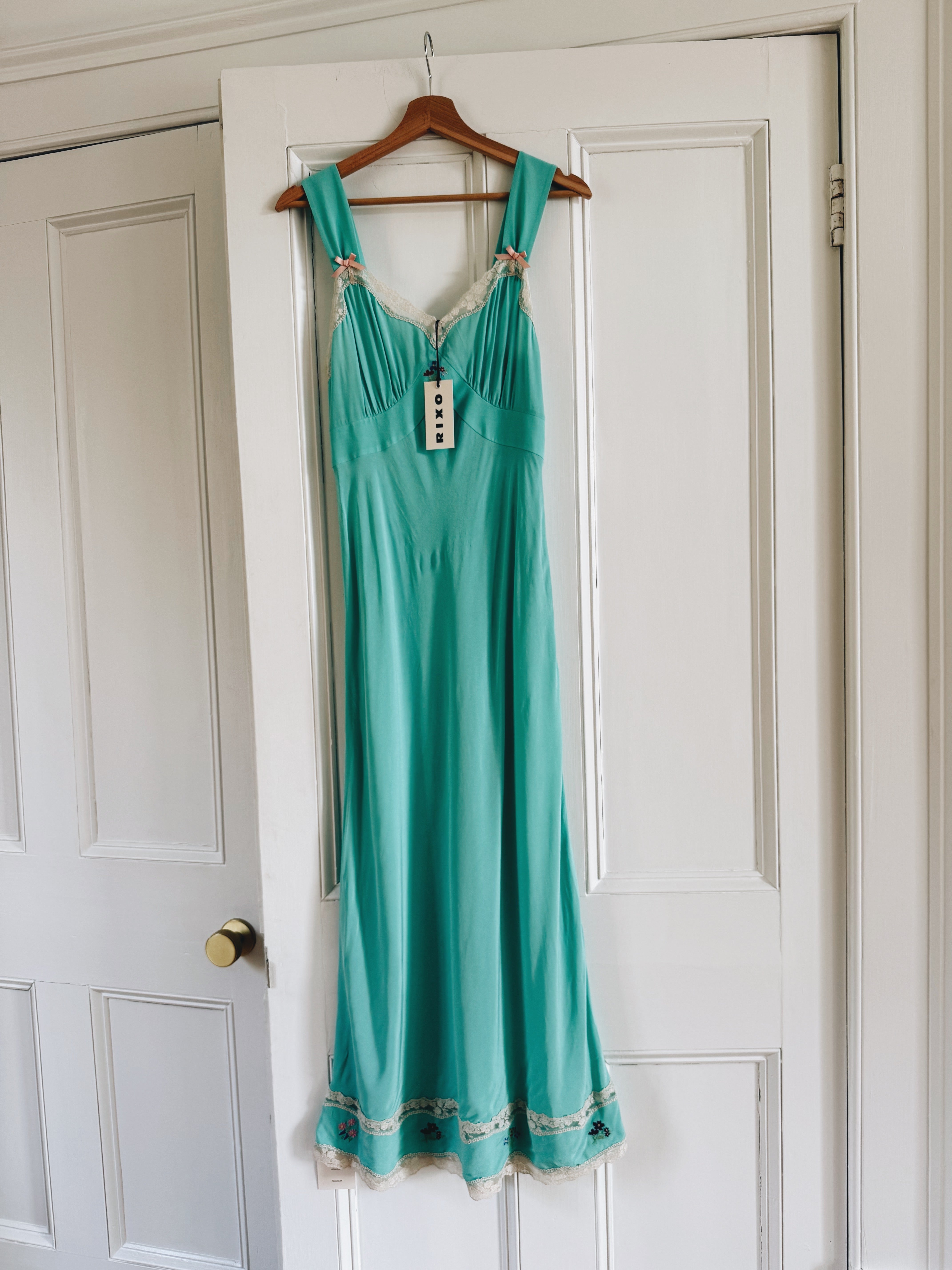 Rixo 'Lucie' lace-trimmed embroidered crepe de chine midi dress