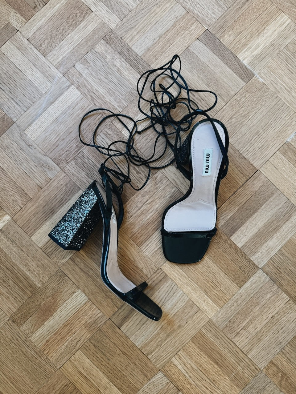 Miu Miu 'Venice Glitter' block heel ankle tie heels Palace of Nowhere