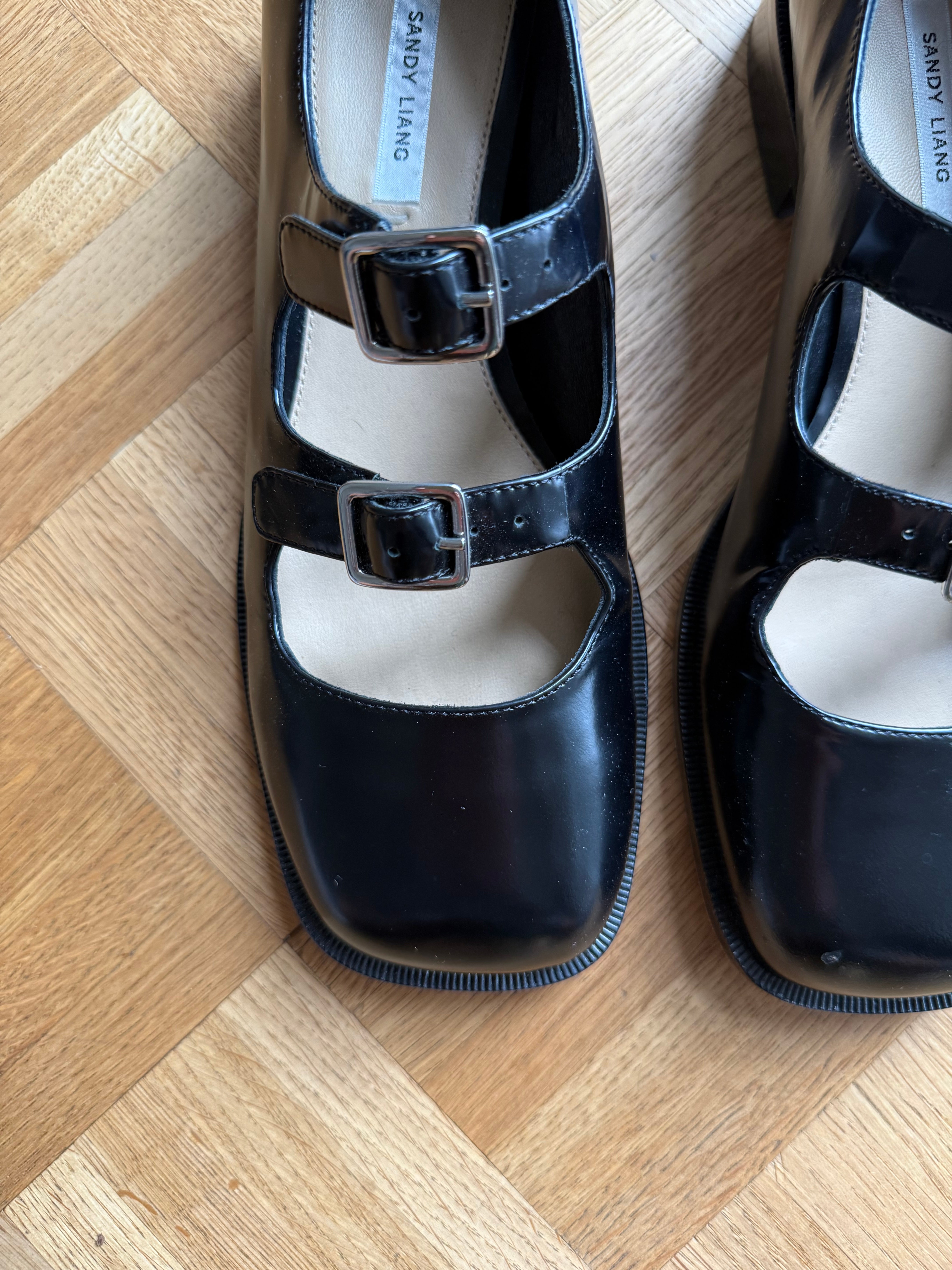 Sandy Liang Spazzolato black leather double strap flats
