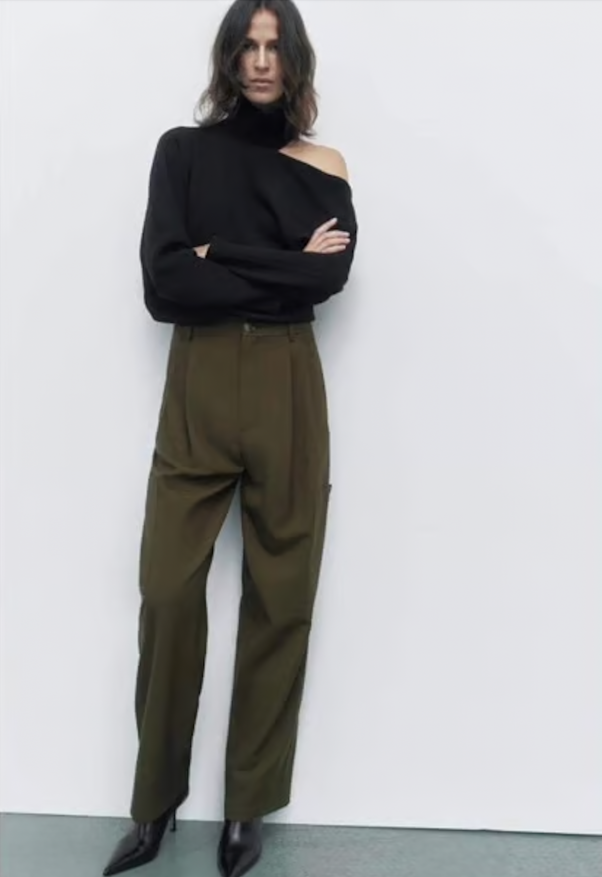 Zara khaki wool blend straight leg pants available at Palace of Nowhere