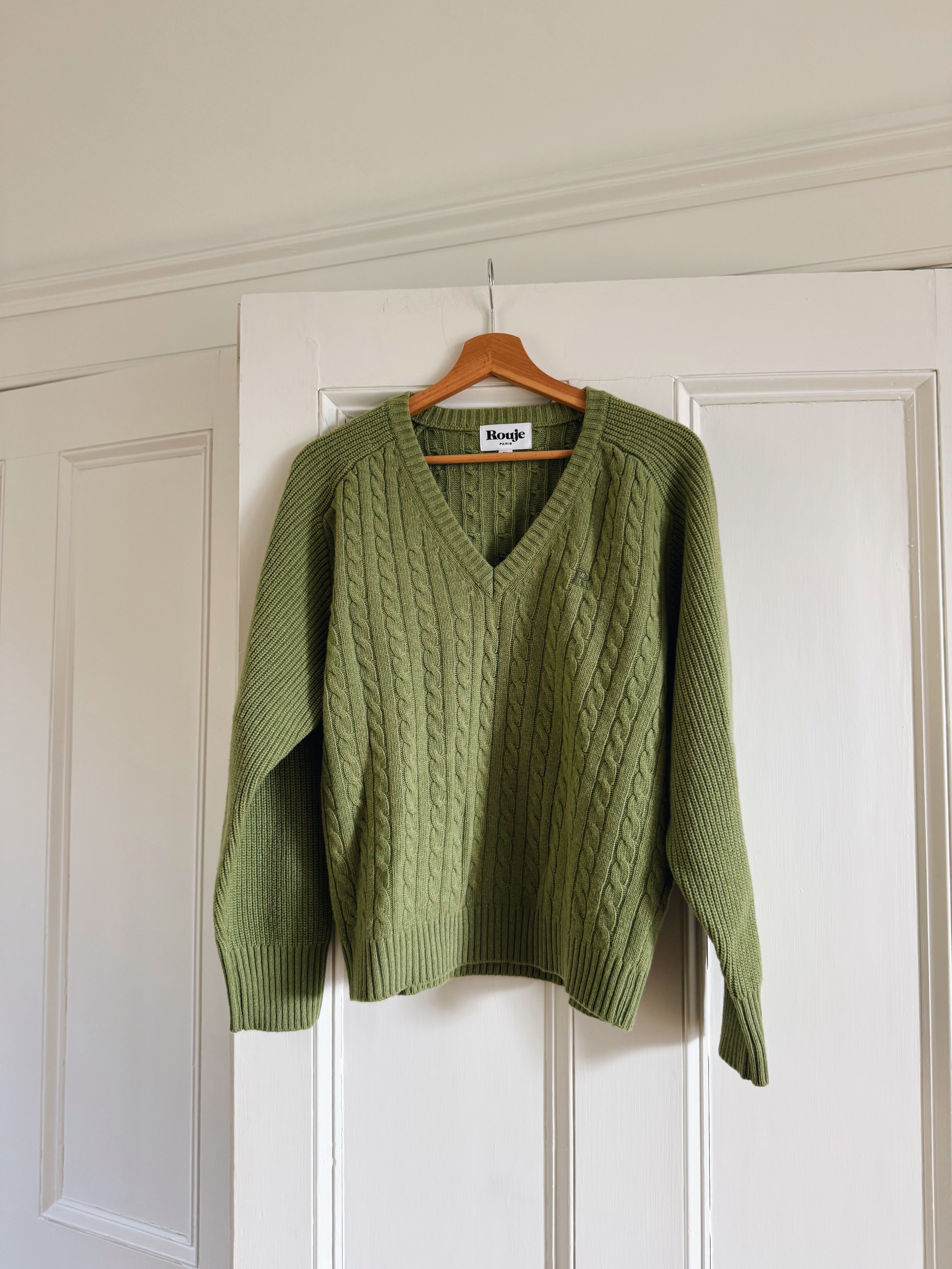 Rouje Enis sage green merino blend cable ribbed jumper sweater at Palace of Nowhere
