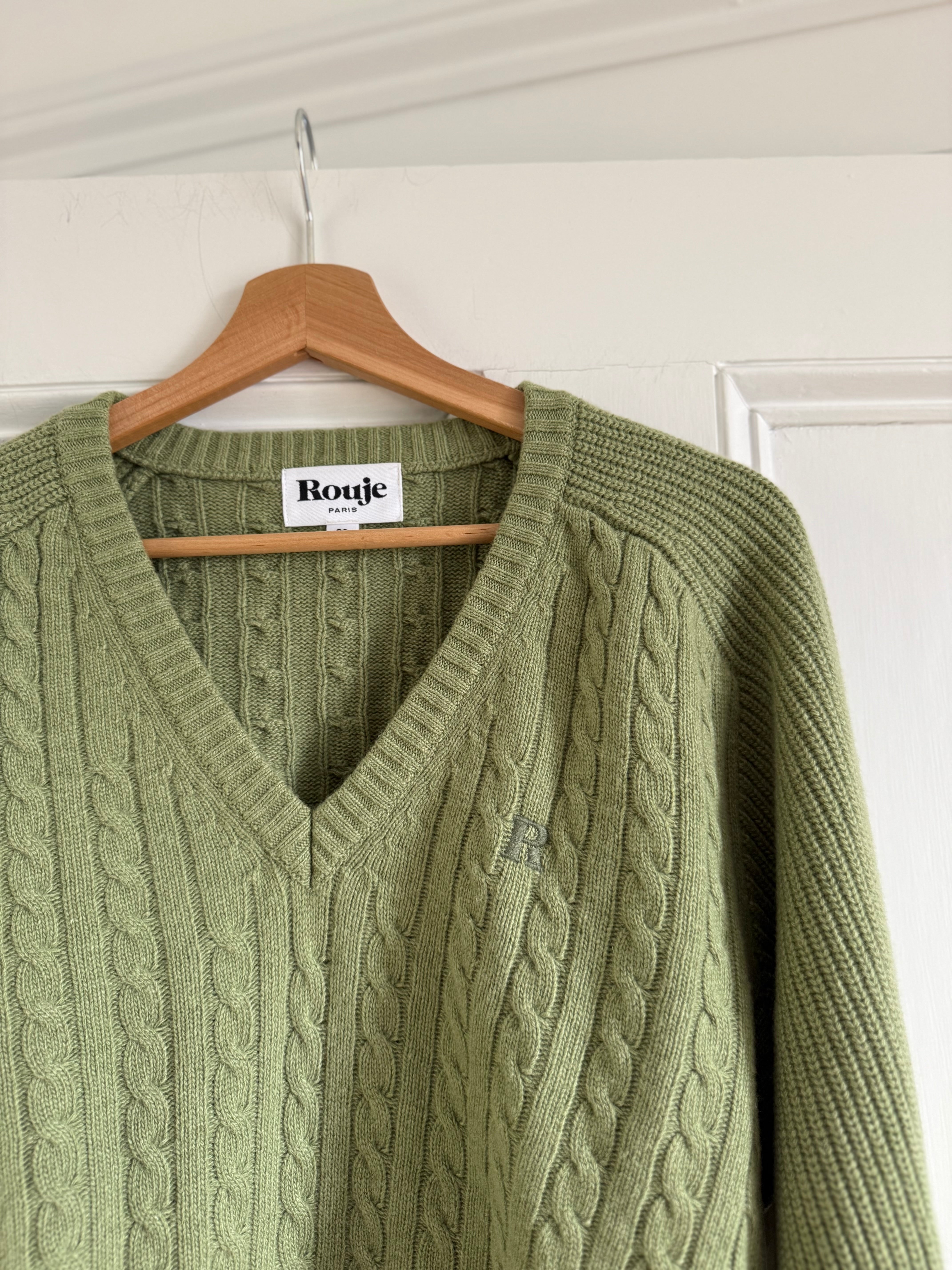 Rouje Enis sage green merino blend cable ribbed jumper sweater at Palace of Nowhere