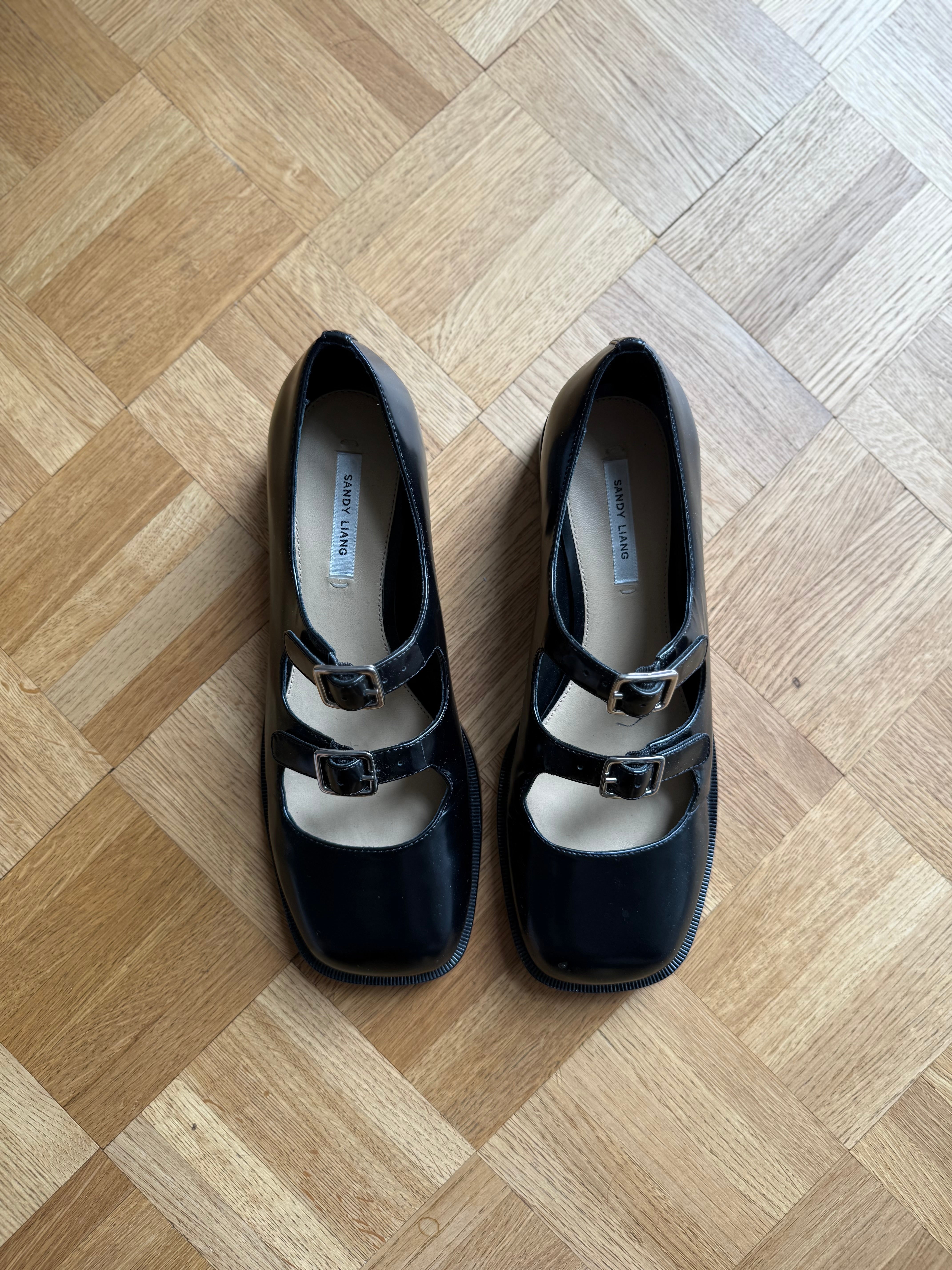 Sandy Liang Spazzolato black leather double strap flats