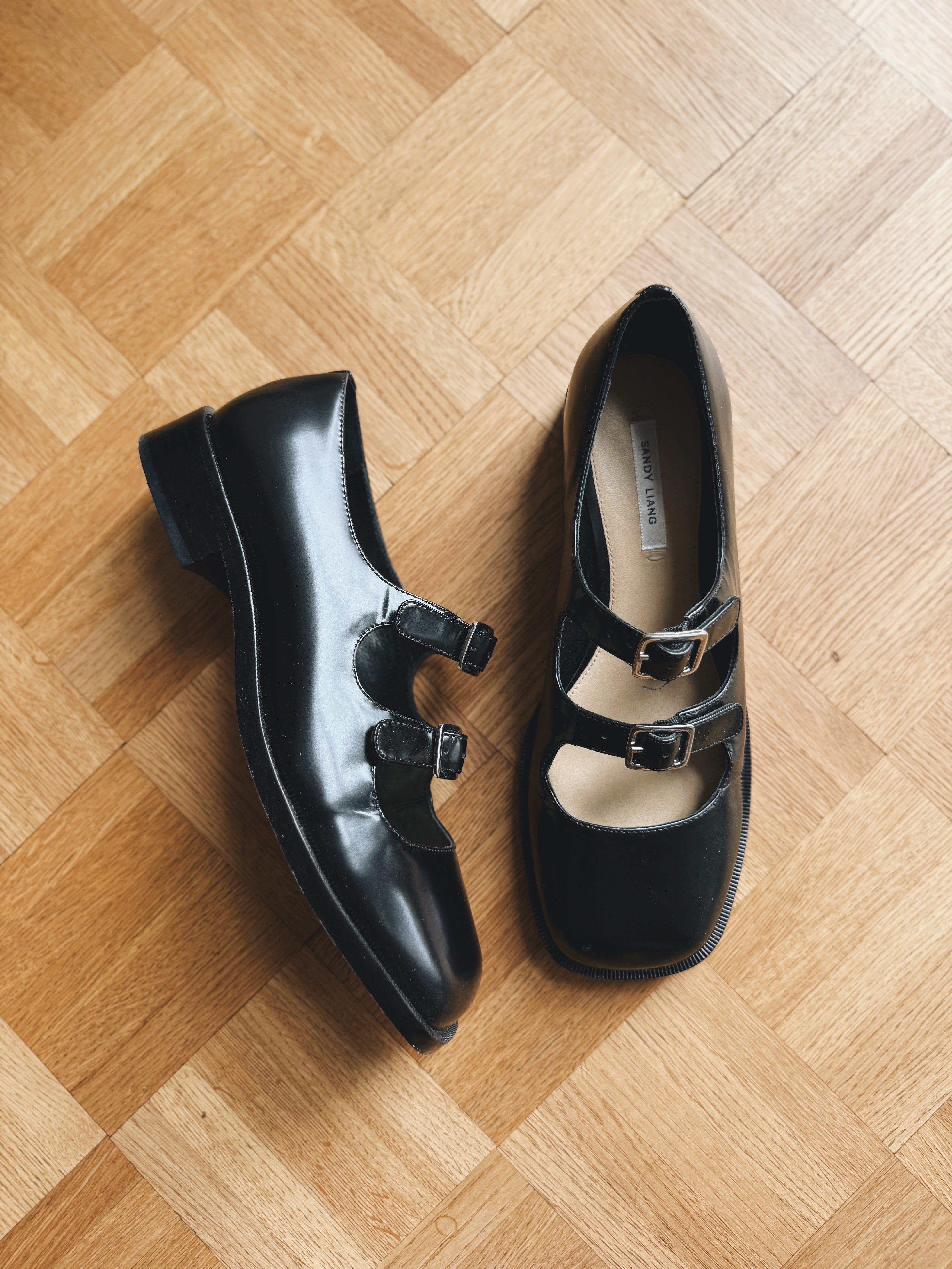Sandy Liang Spazzolato black leather double strap flats