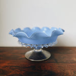 Vintage 50s French hand blown blue opaline glass pedestal bowl