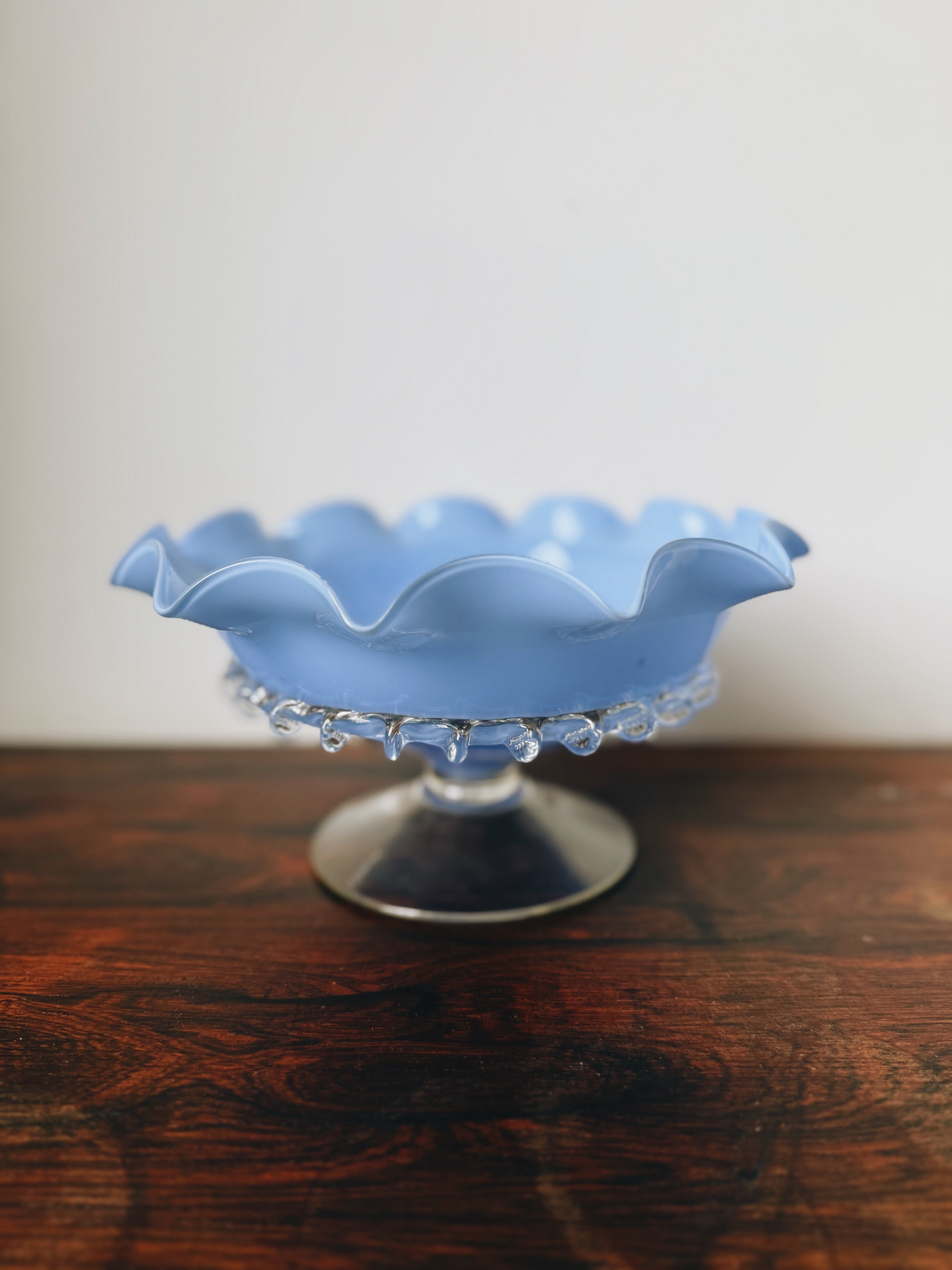 Vintage 50s French hand blown blue opaline glass pedestal bowl