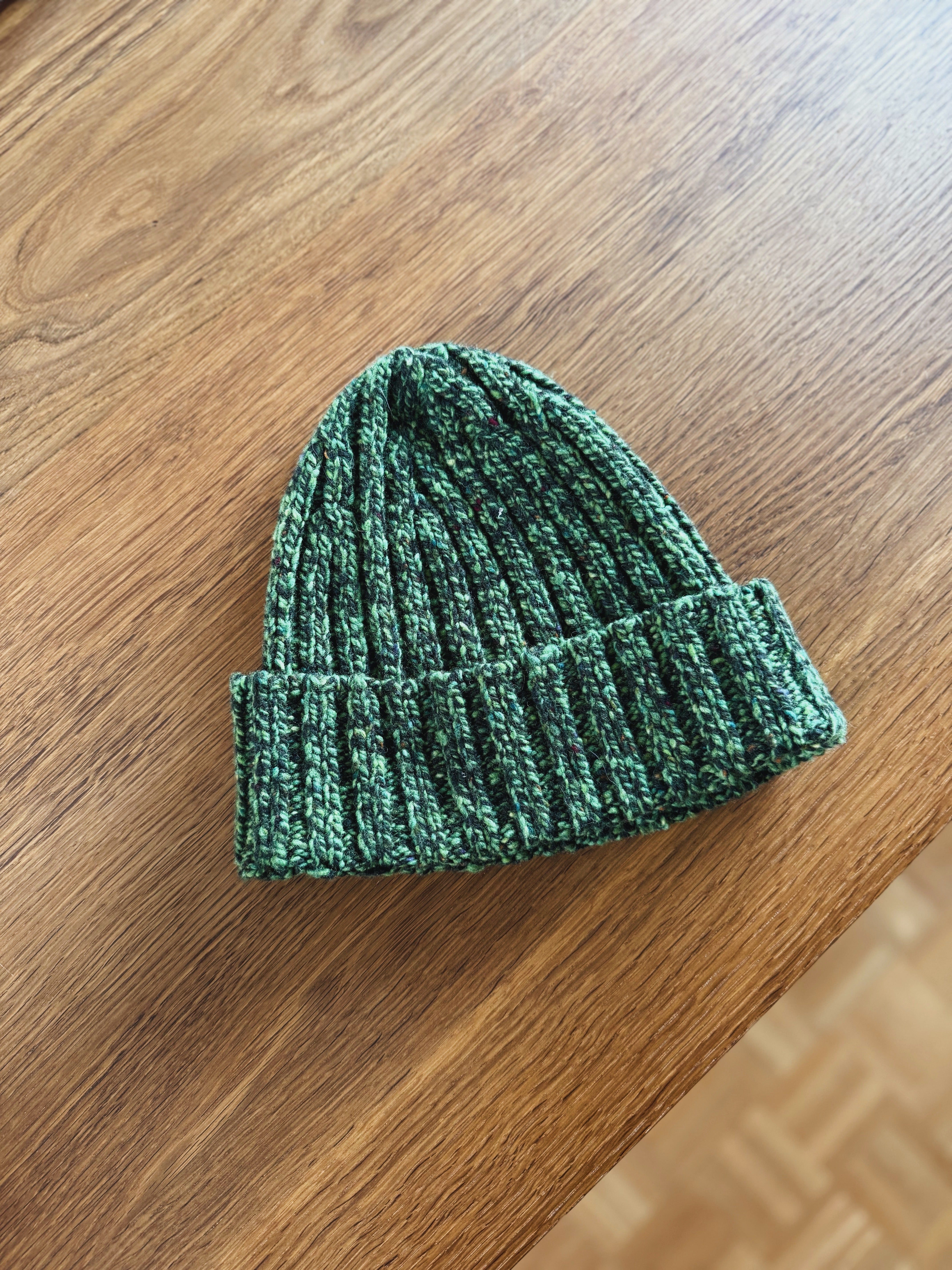 Toast flecked green wool ribbed knitted beanie hat at Palace of Nowhere