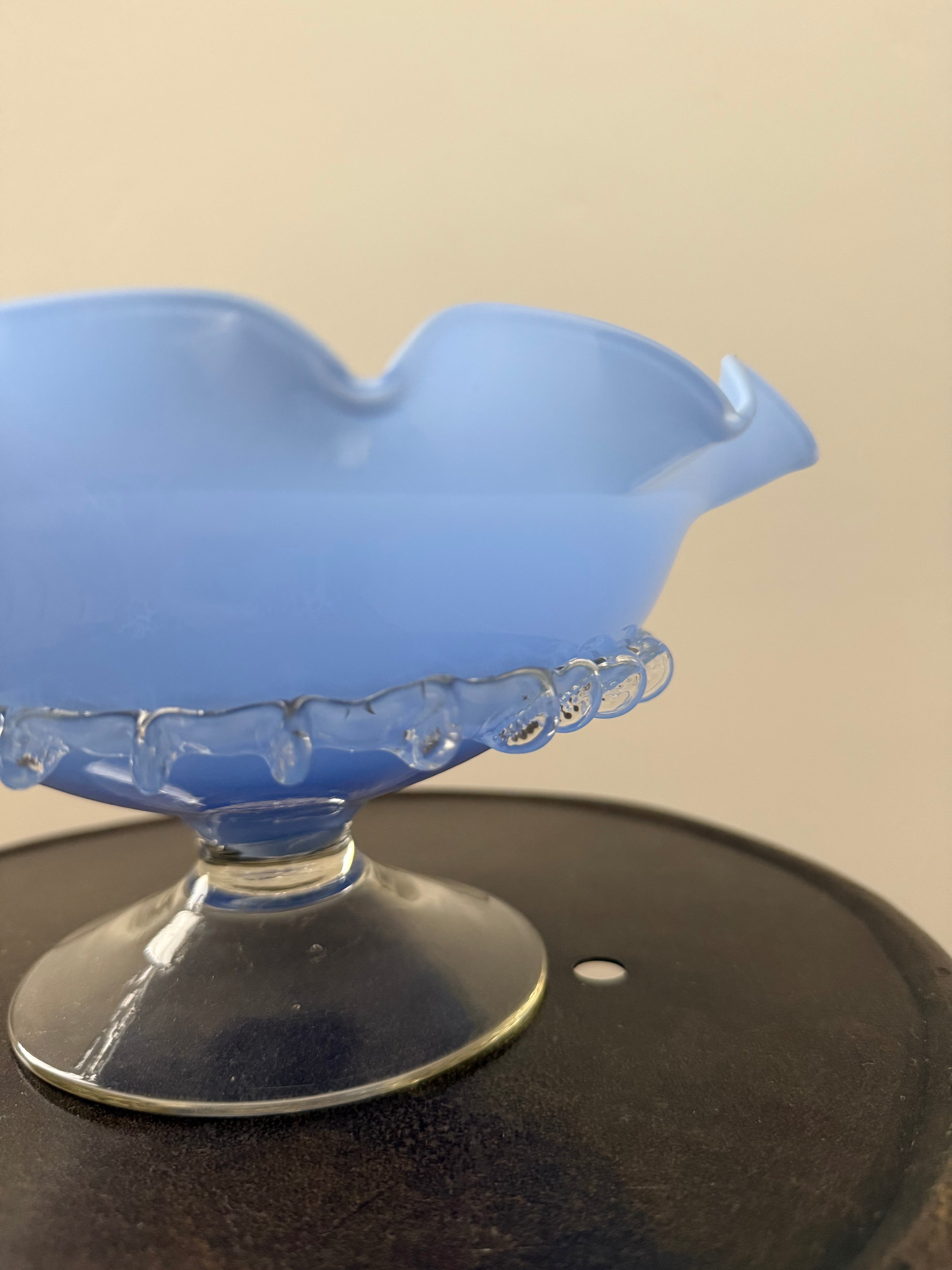 Vintage 50s French hand blown blue opaline glass pedestal bowl 