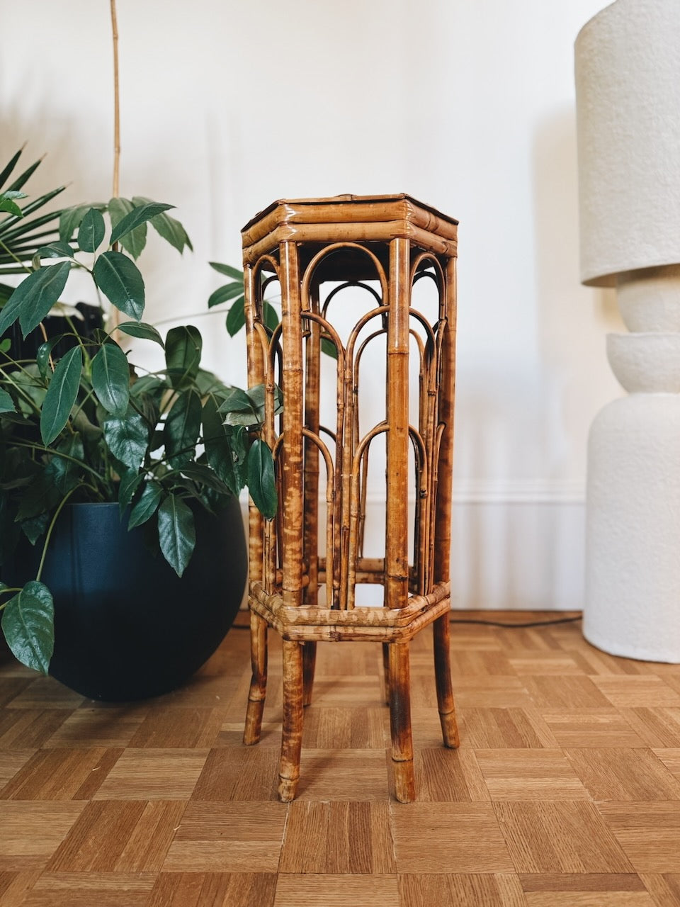 Vintage 70s mid century rattan plant stand Palace of Nowhere