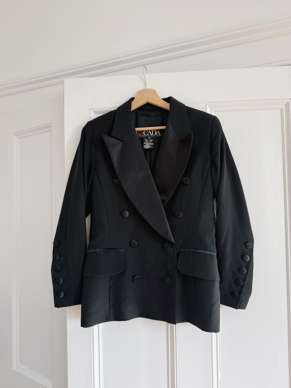 Vintage Escada black wool/ silk blend tuxedo double breasted jacket Palace of Nowhere