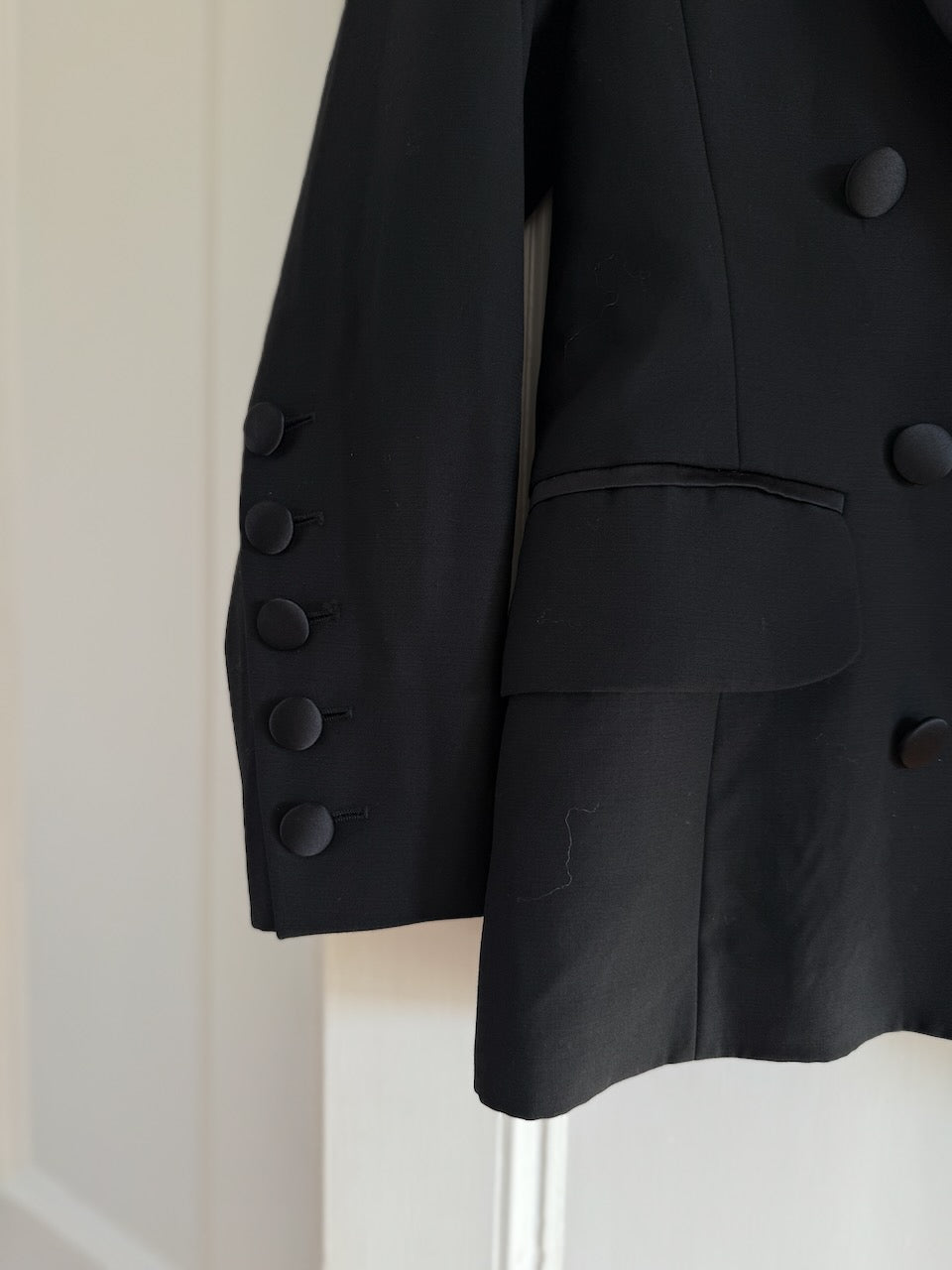 Vintage Escada black wool/ silk blend tuxedo double breasted jacket Palace of Nowhere