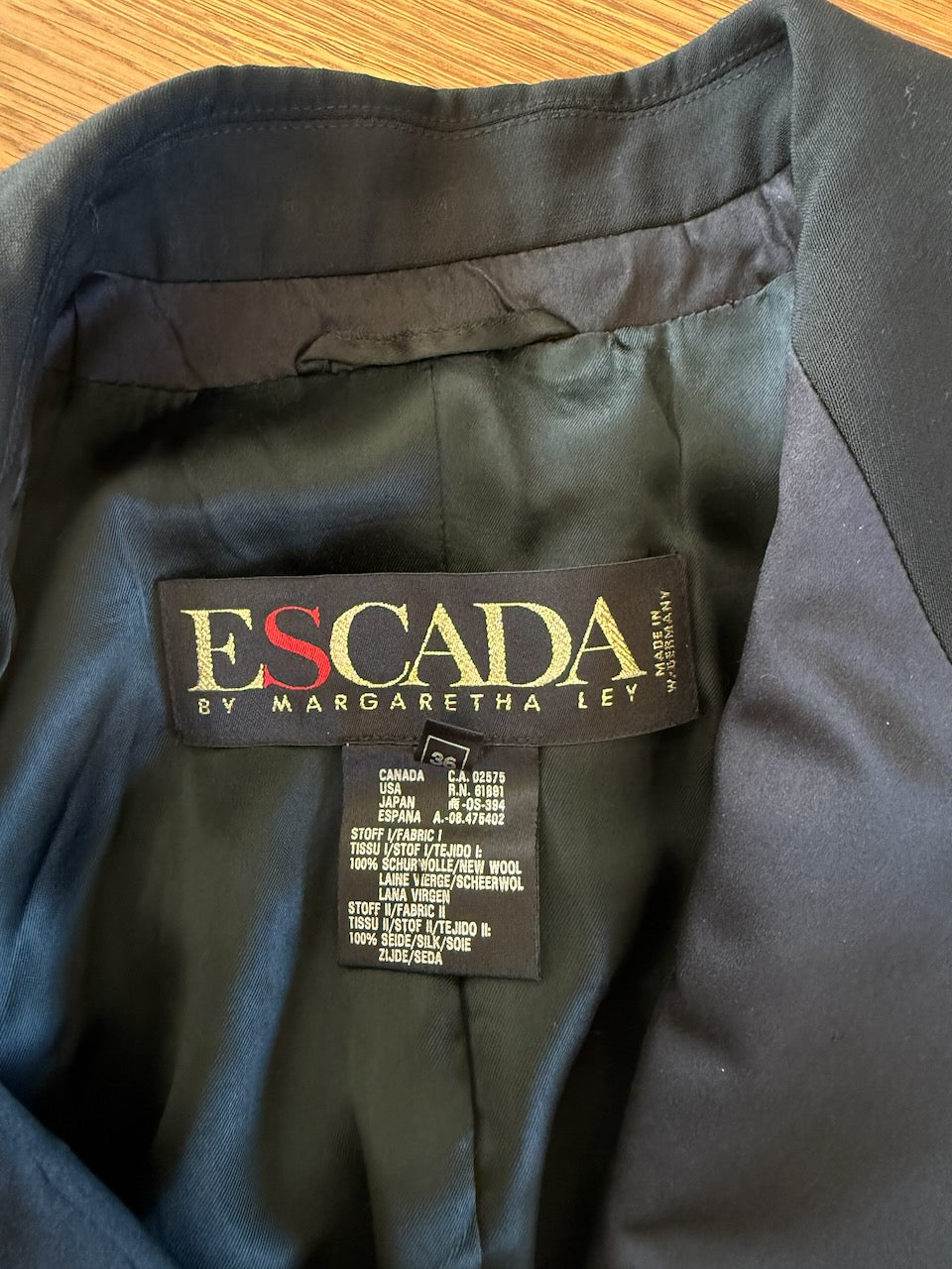 Vintage Escada black wool/ silk blend tuxedo double breasted jacket Palace of Nowhere