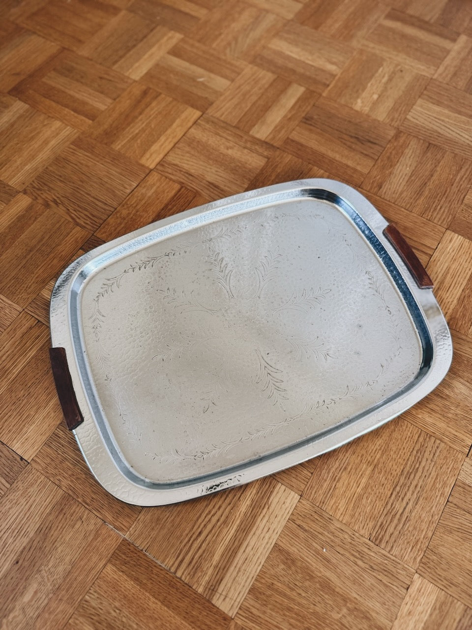 Vintage mid century metal tray with teak handles Palace of Nowhere