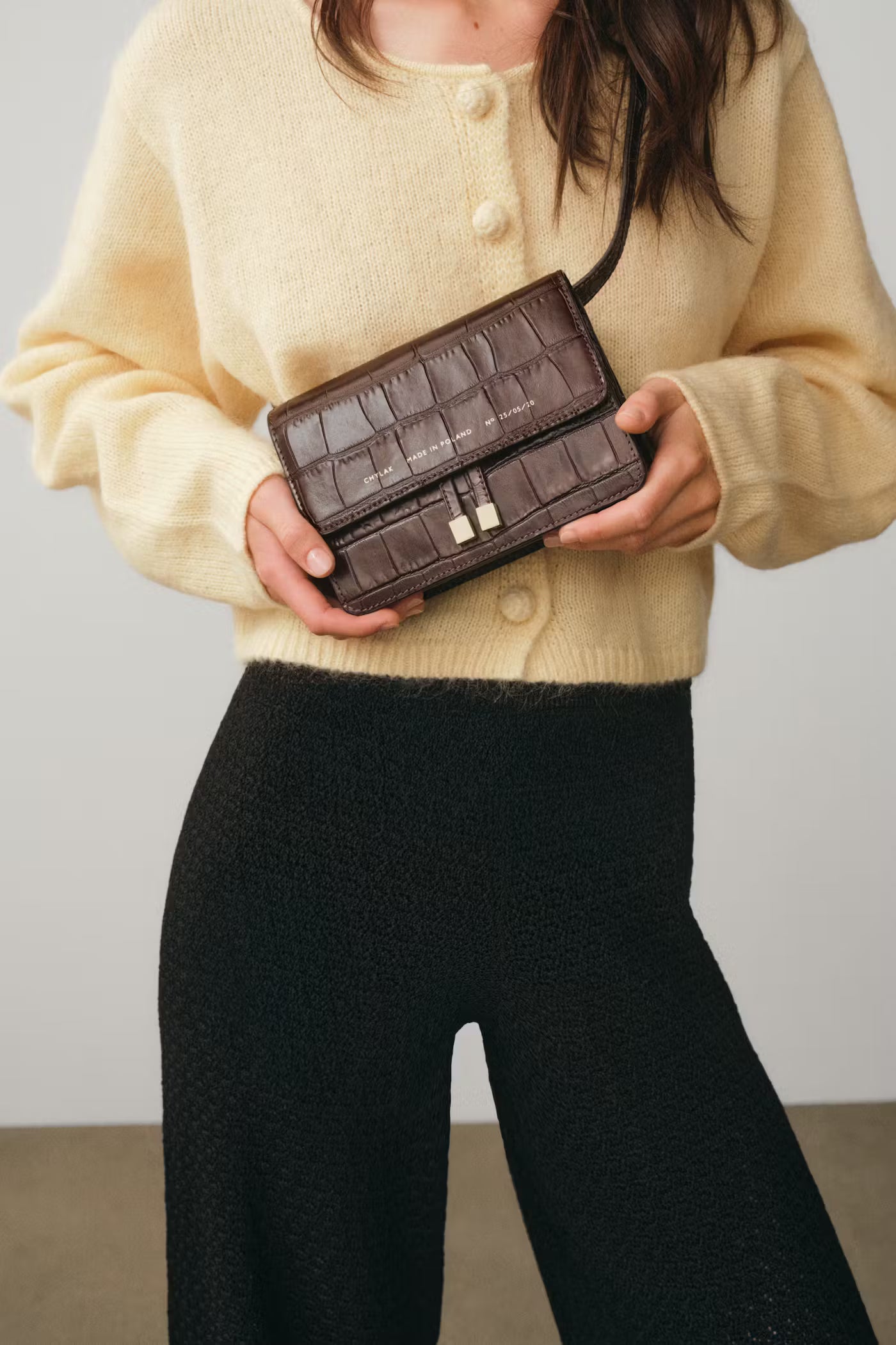 Chylak glossy brown crocodile leather belt bag at Palace of Nowhere